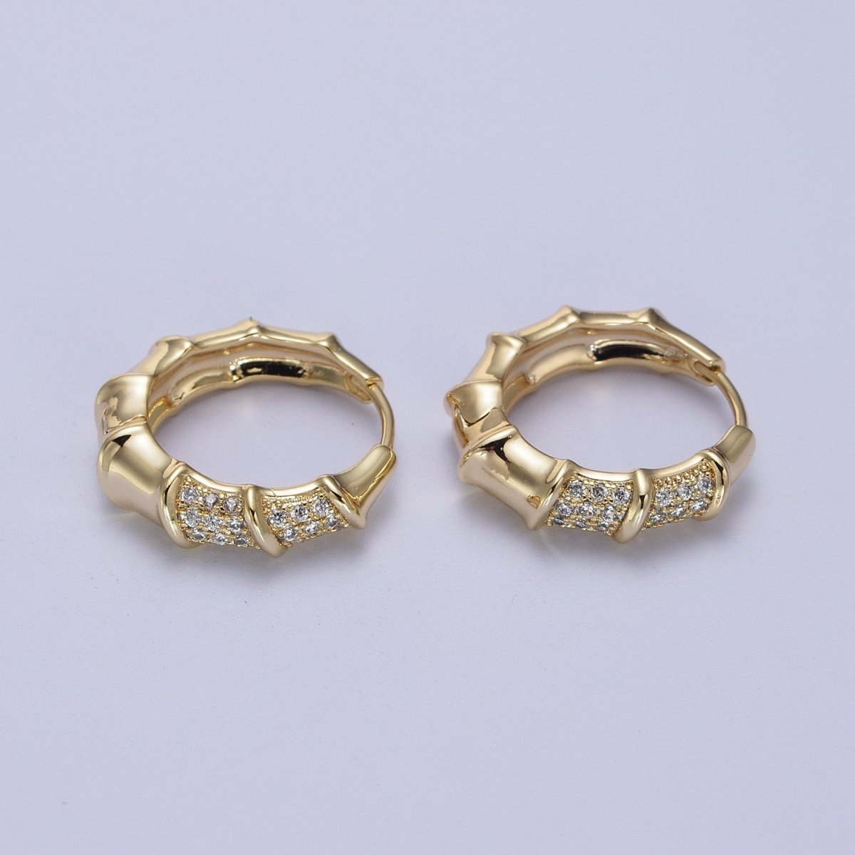 14K Gold Filled Micro Paved Bamboo Huggie Hoop Earrings | V-019
