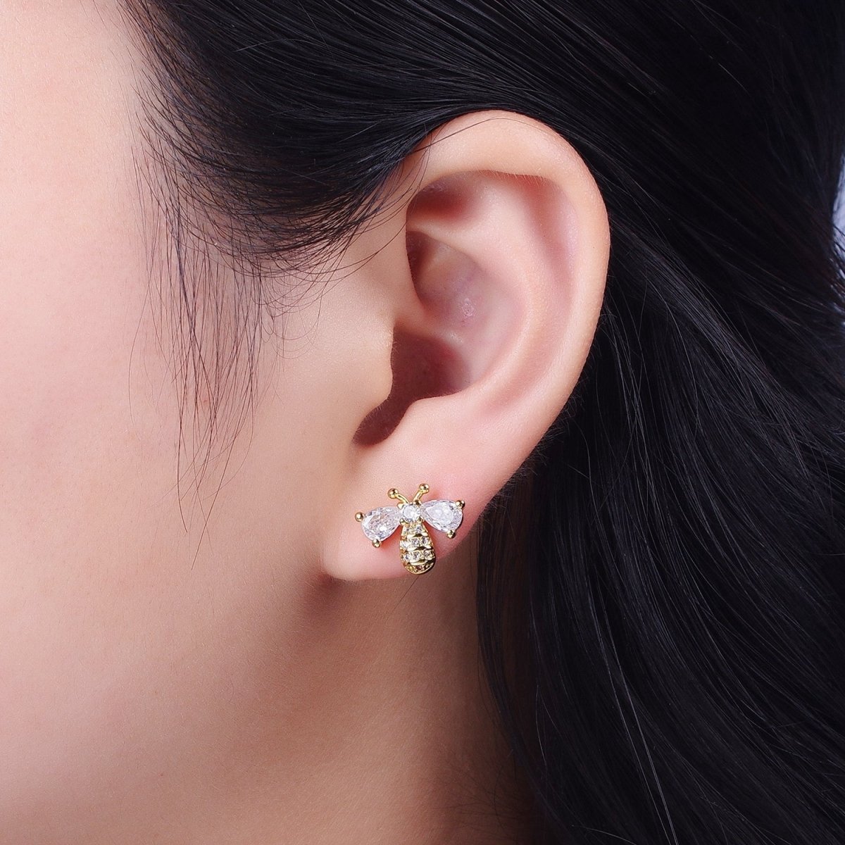 14K Gold Filled Micro Paved Bumble Queen Bee Cubic Zirconia Gold Stud Earrings | AD-586
