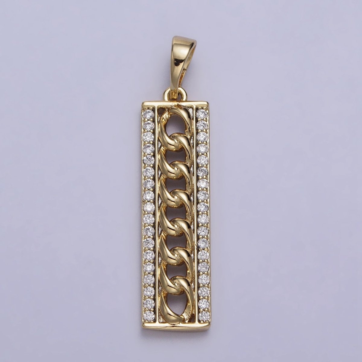 14K Gold Filled Micro Paved Curb 34mm Bar Tag Rectangular Pendant | AA036