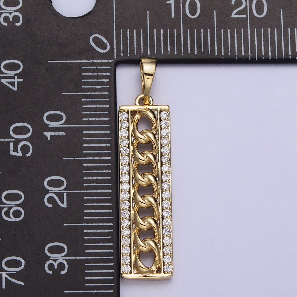 14K Gold Filled Micro Paved Curb 34mm Bar Tag Rectangular Pendant | AA036