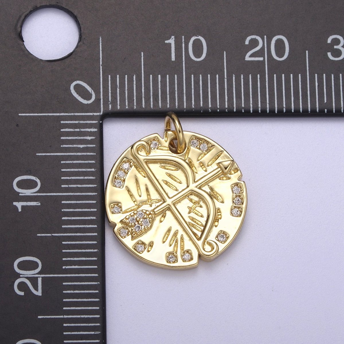 14K Gold Filled Micro Paved CZ Archery Arrow Rustic Coin Charm N-261