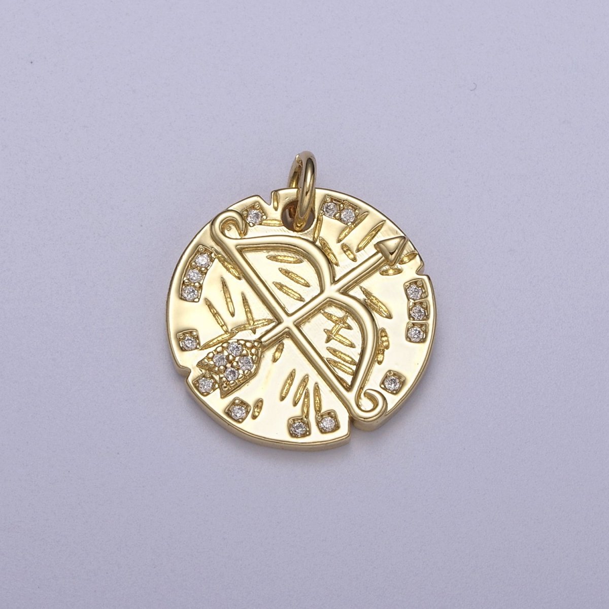 14K Gold Filled Micro Paved CZ Archery Arrow Rustic Coin Charm N-261