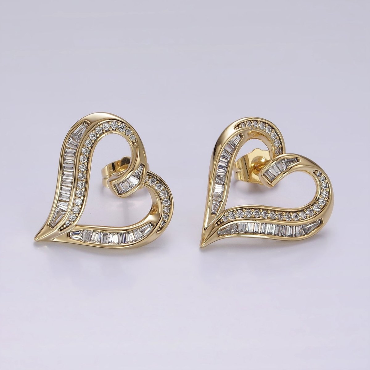 14K Gold Filled Micro Paved CZ Baguette Lined Open Heart Stud Earrings | AE400