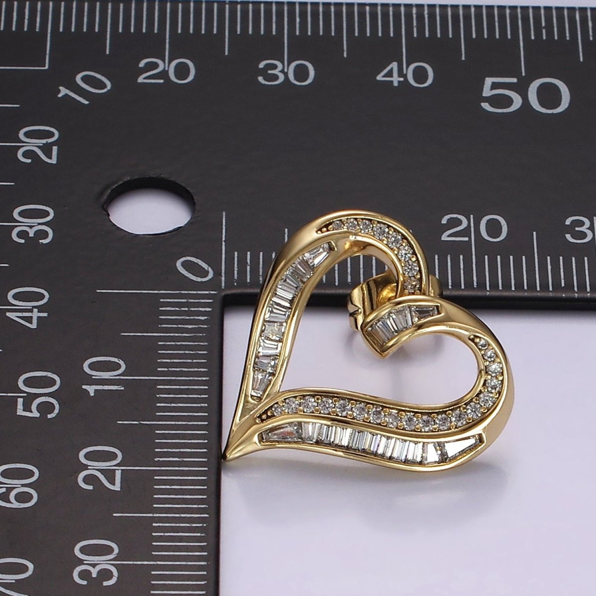 14K Gold Filled Micro Paved CZ Baguette Lined Open Heart Stud Earrings | AE400