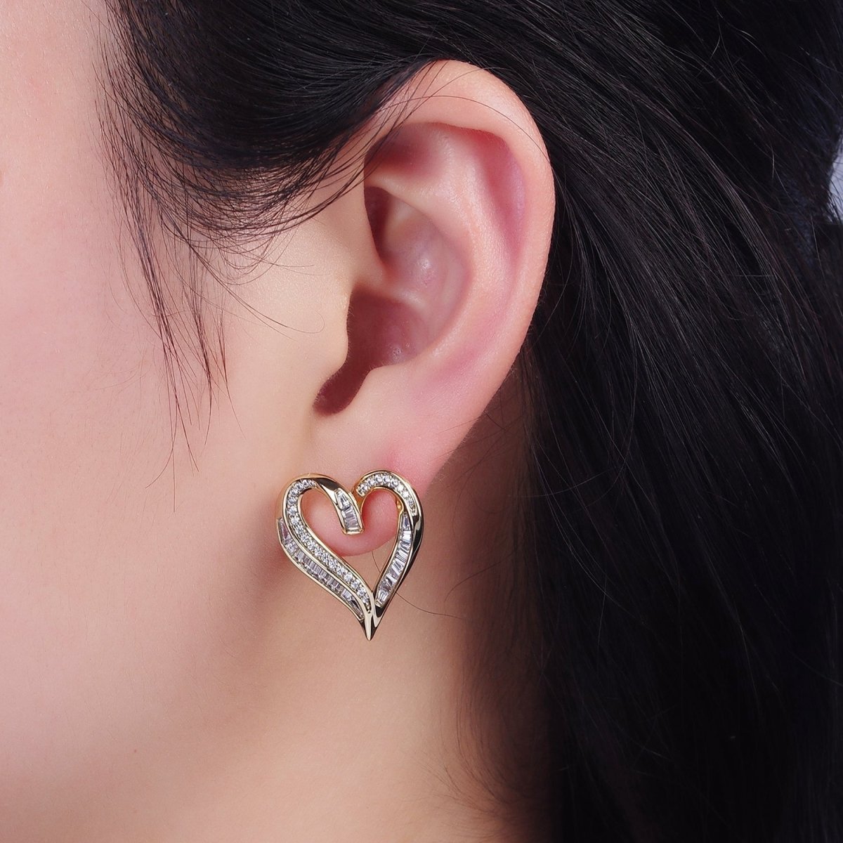 14K Gold Filled Micro Paved CZ Baguette Lined Open Heart Stud Earrings | AE400