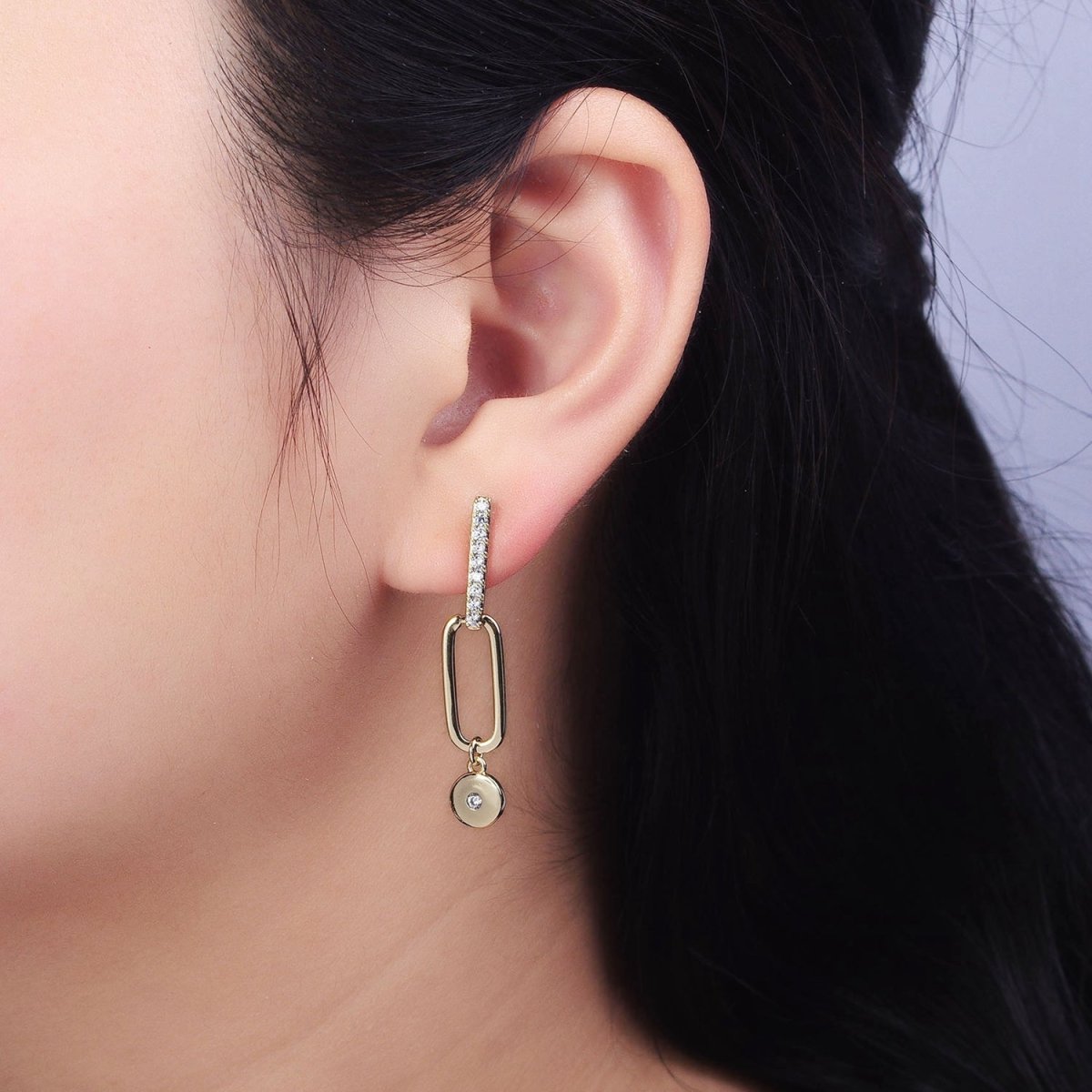 14K Gold Filled Micro Paved CZ Bar Oblong Round Drop Geometric Stud Earrings AD1529