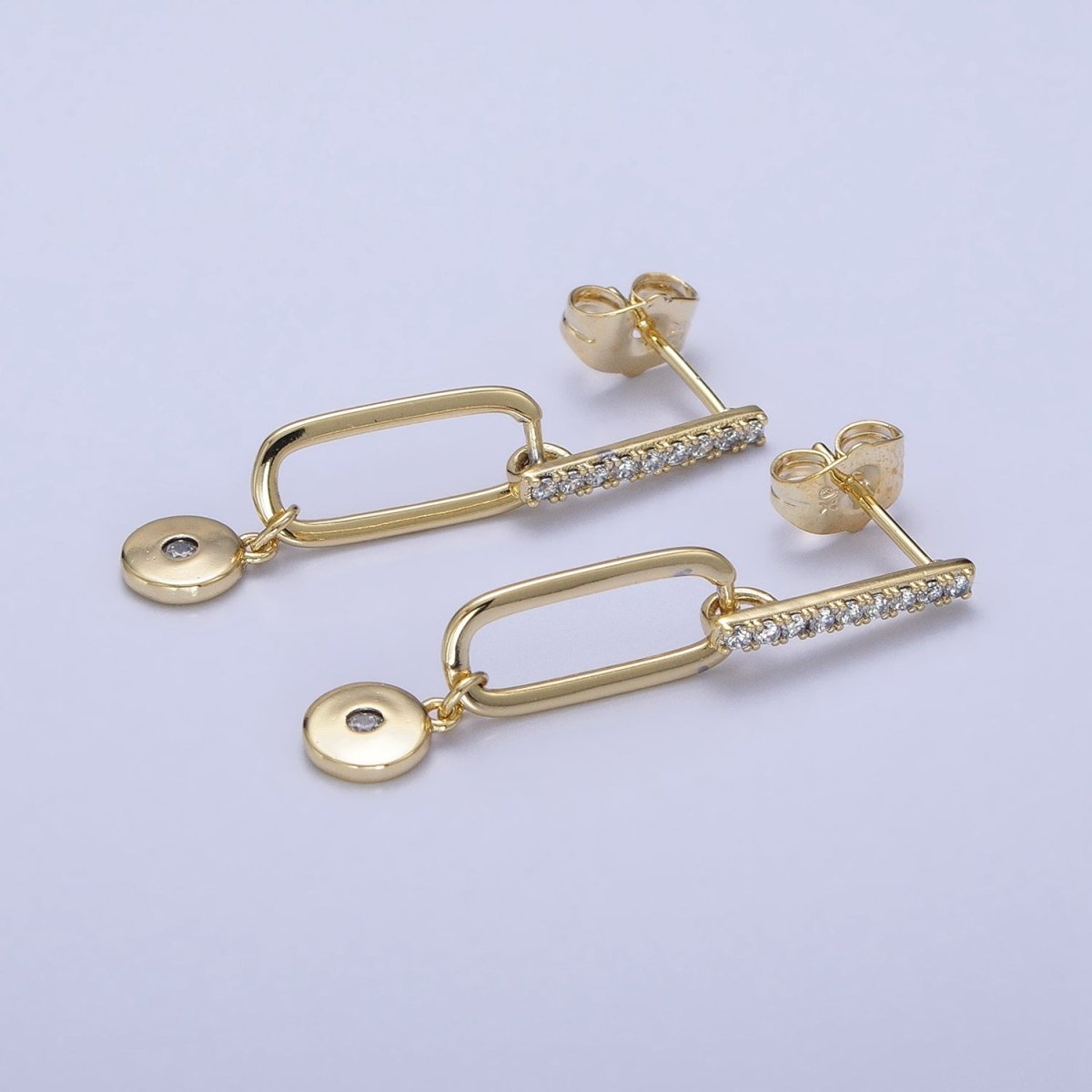 14K Gold Filled Micro Paved CZ Bar Oblong Round Drop Geometric Stud Earrings AD1529
