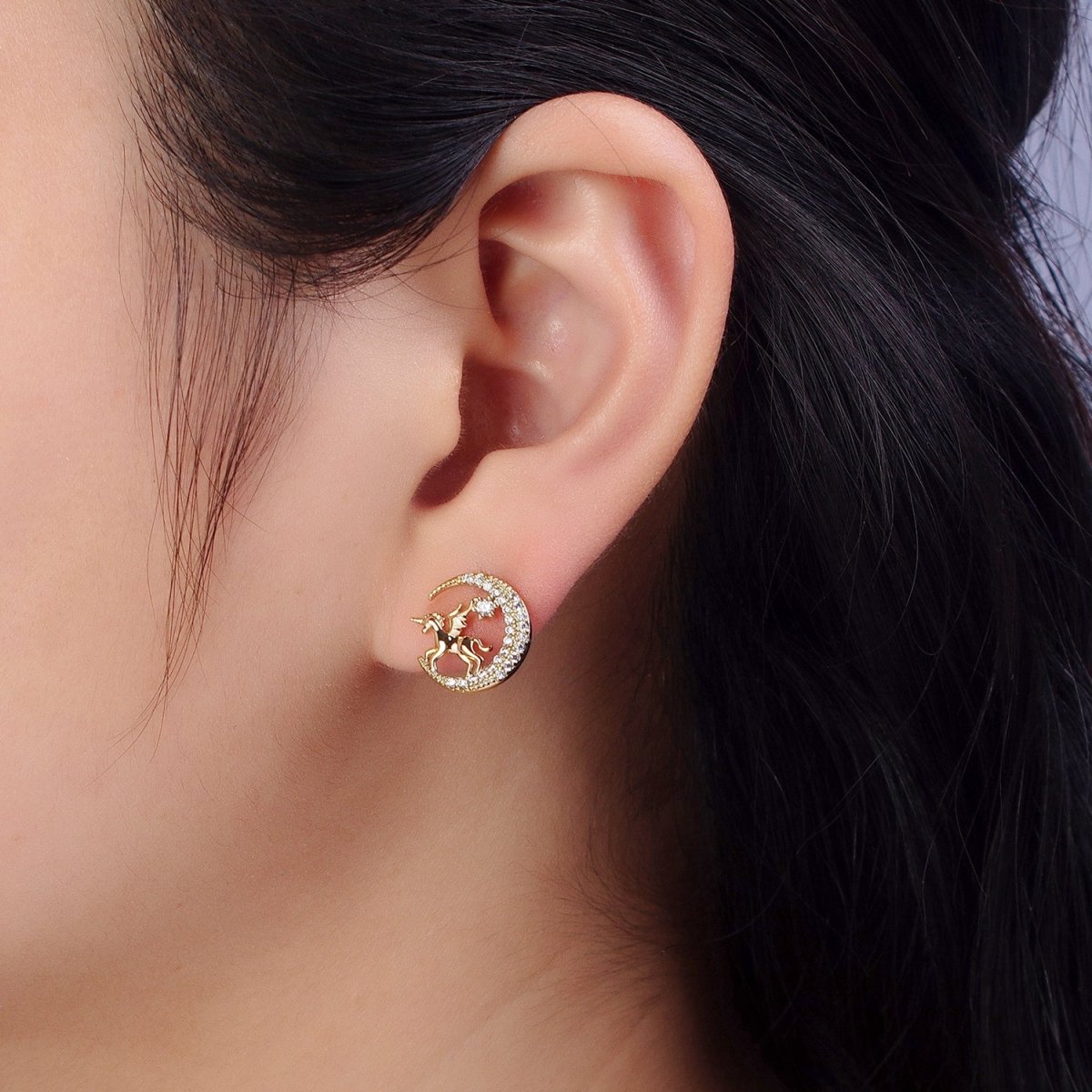 14K Gold Filled Micro Paved CZ Celestial Crescent Moon Pegasus Stud Earrings | AB327