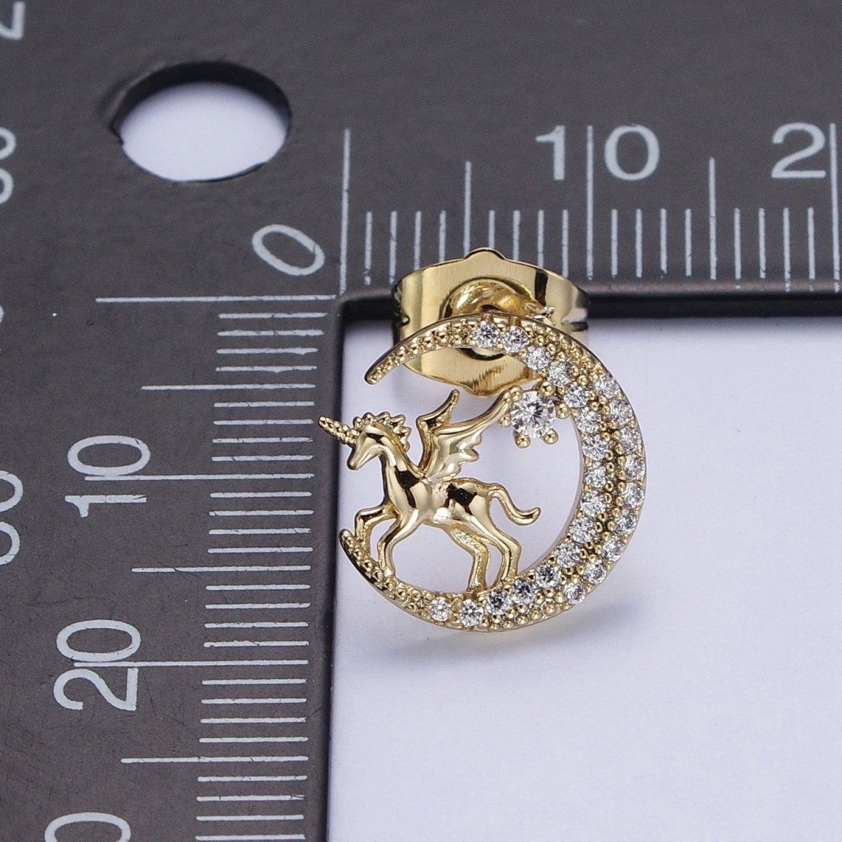 14K Gold Filled Micro Paved CZ Celestial Crescent Moon Pegasus Stud Earrings | AB327