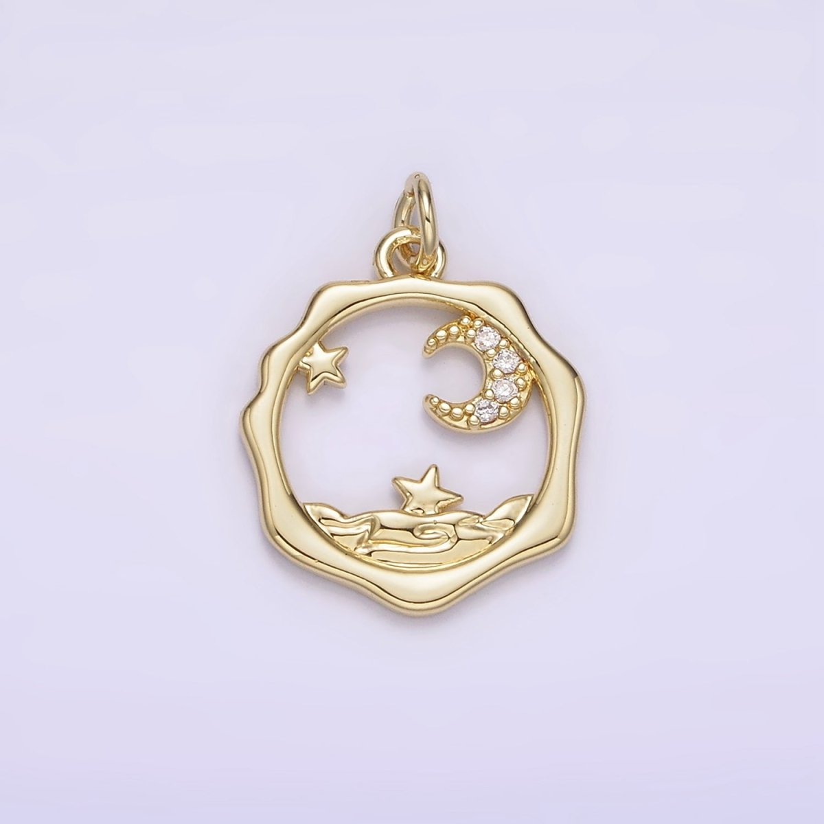 14K Gold Filled Micro Paved CZ Celestial Stars Crescent Moon Sea Open Wavy Round Charm | AG279