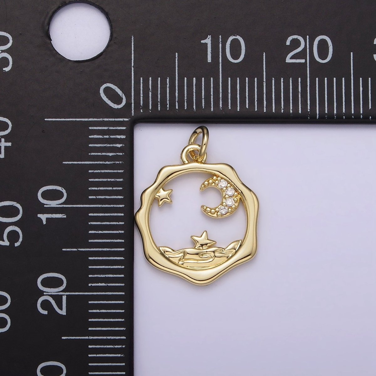 14K Gold Filled Micro Paved CZ Celestial Stars Crescent Moon Sea Open Wavy Round Charm | AG279