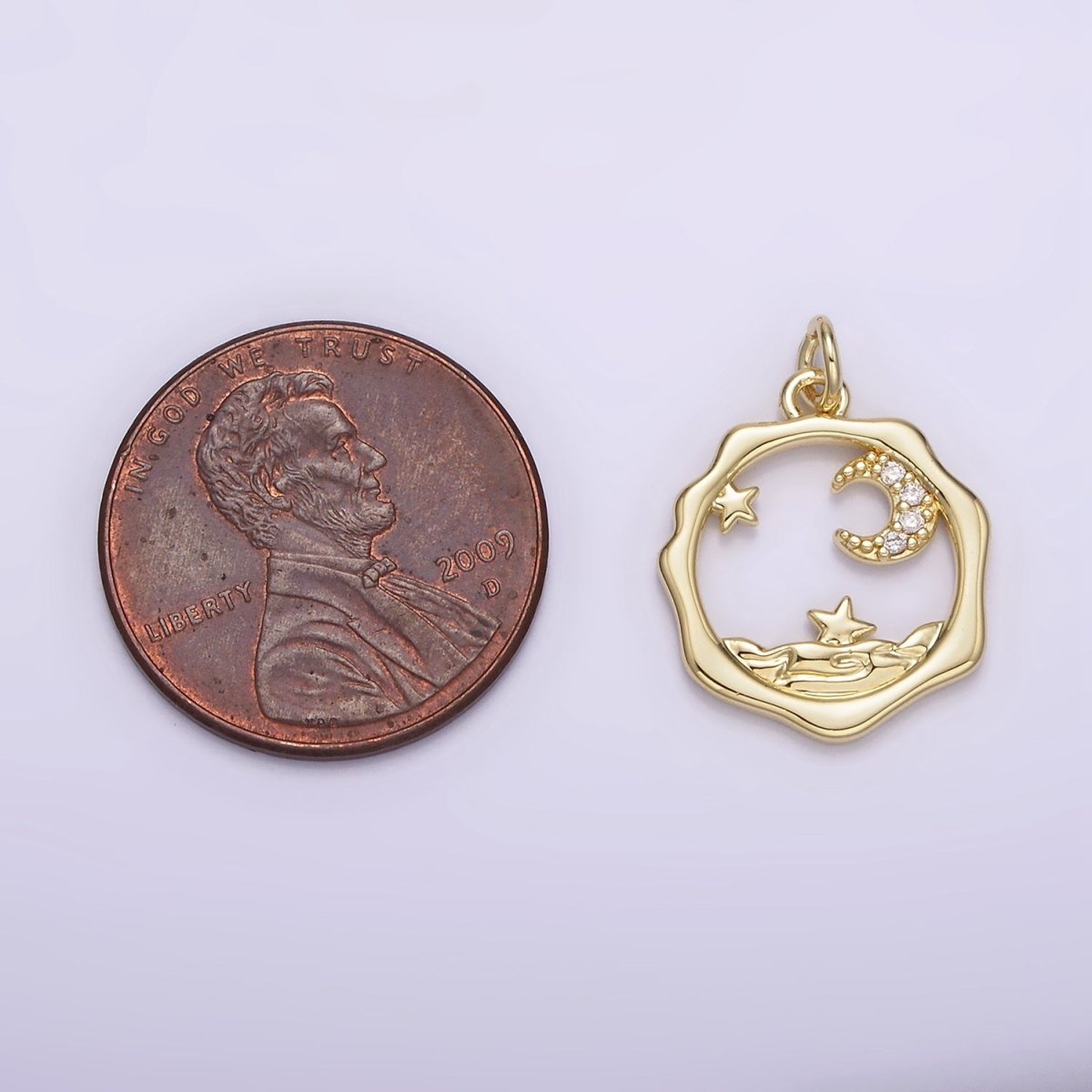 14K Gold Filled Micro Paved CZ Celestial Stars Crescent Moon Sea Open Wavy Round Charm | AG279