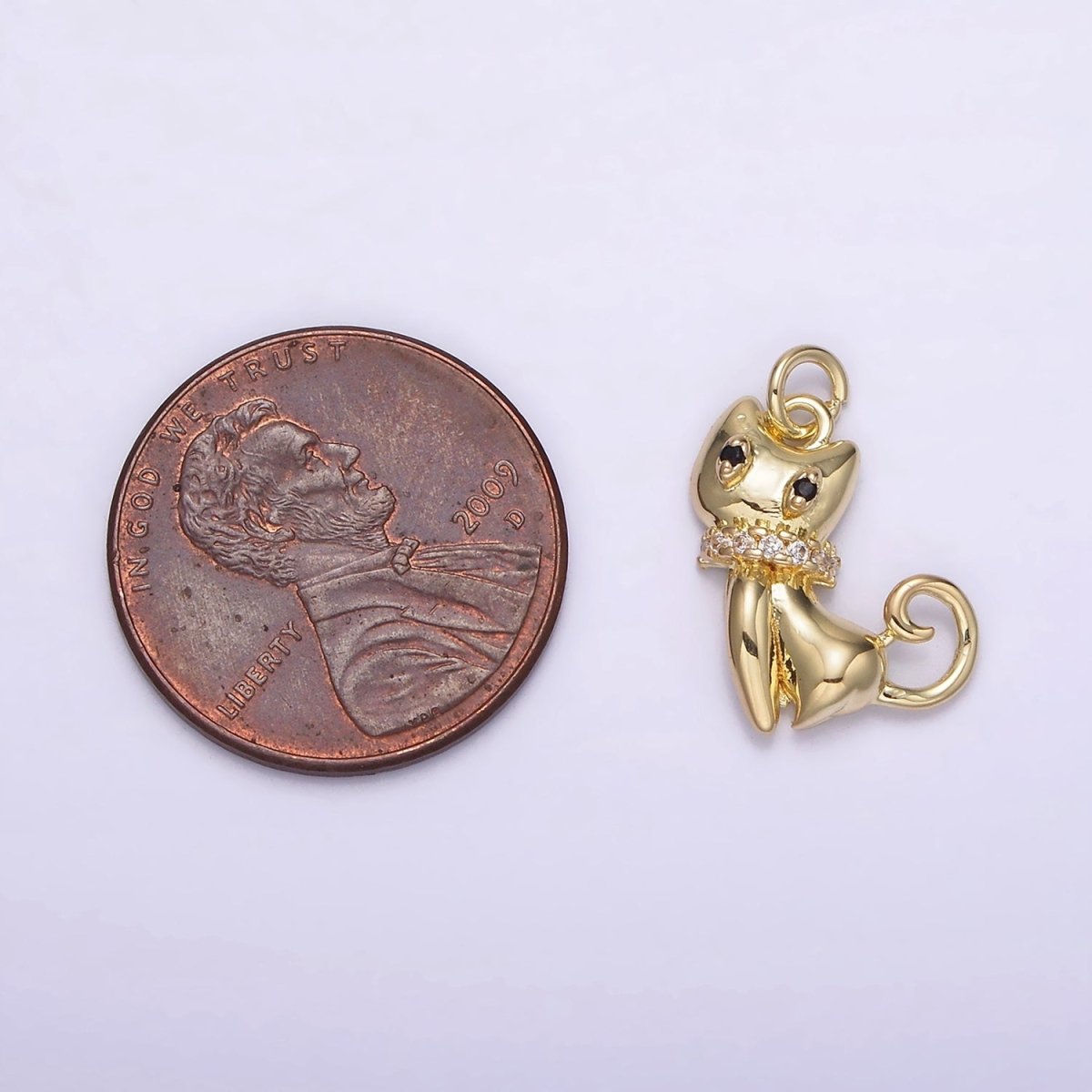 14K Gold Filled Micro Paved CZ Collar Black-Eyed Kitty Cat Pet Animal Charm | AG210