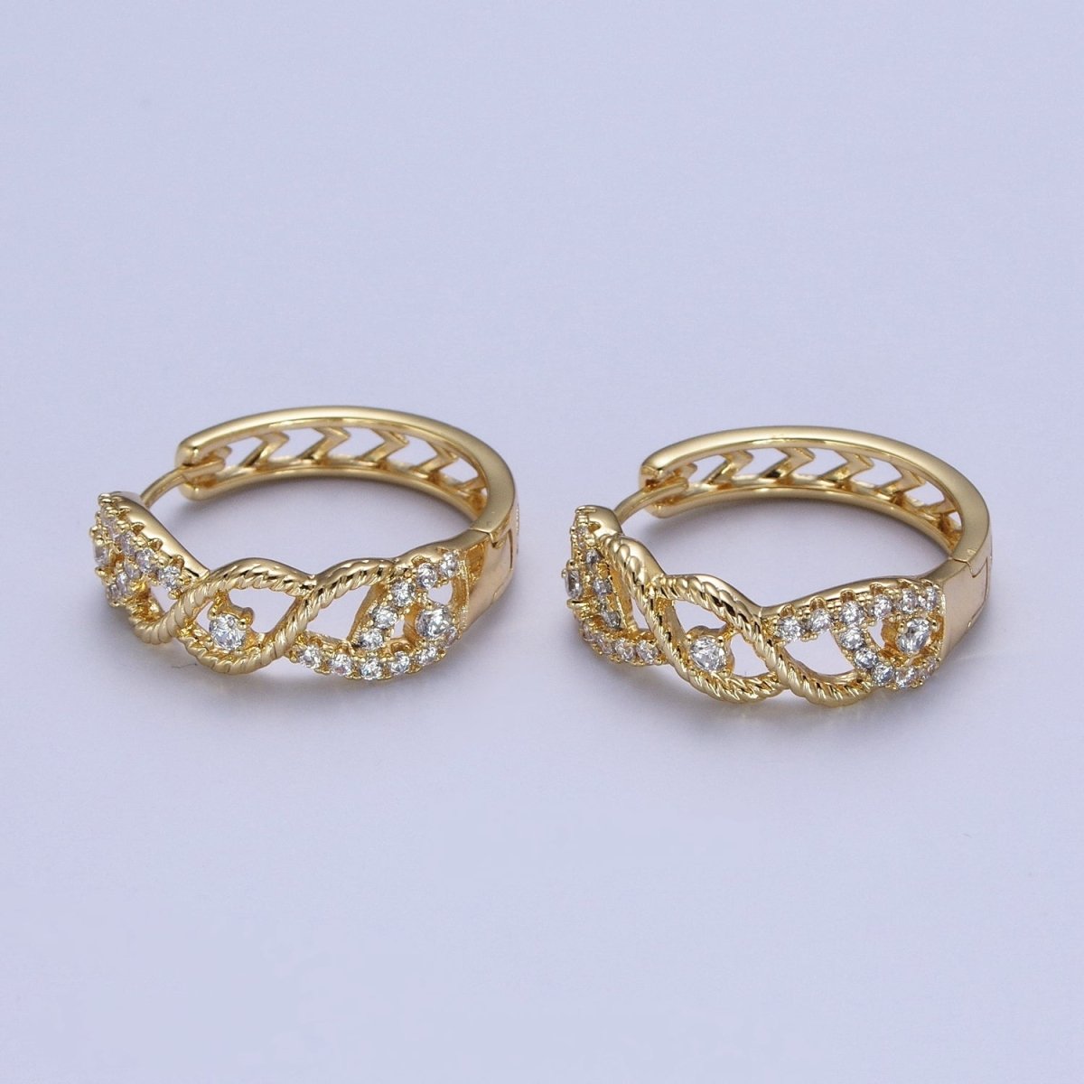 14K Gold Filled Micro Paved CZ Curb Twisted Rope Huggie Hoop Earrings | AD-012