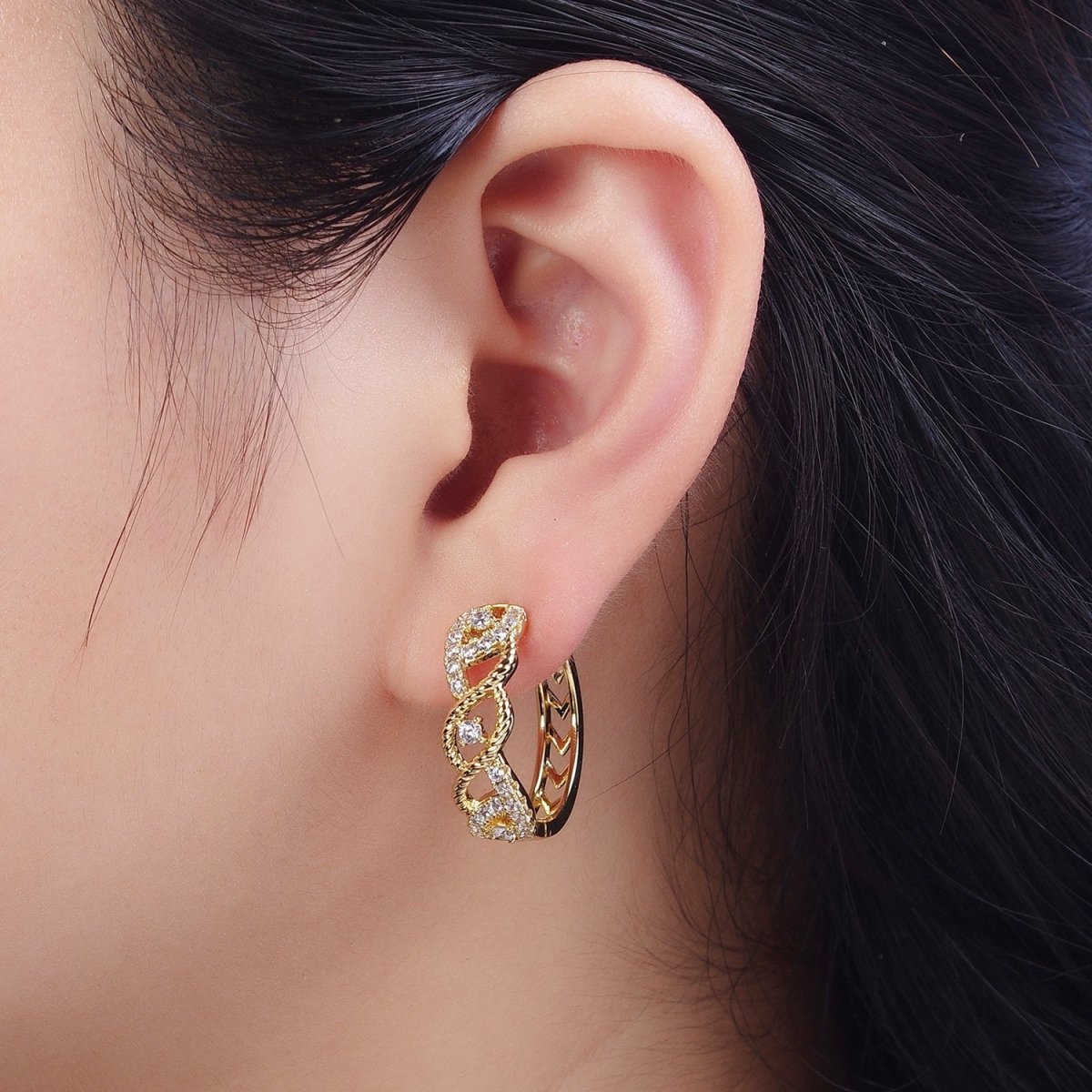 14K Gold Filled Micro Paved CZ Curb Twisted Rope Huggie Hoop Earrings | AD-012