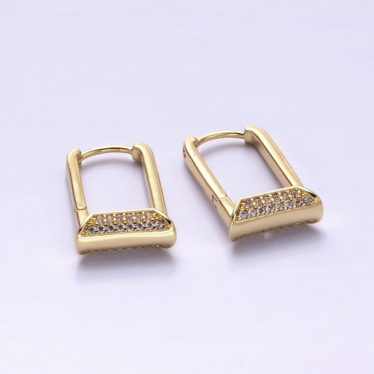 14K Gold Filled Micro Paved CZ Curved Tube Rectangular U-Shaped Oblong Hoop Earrings | AE589