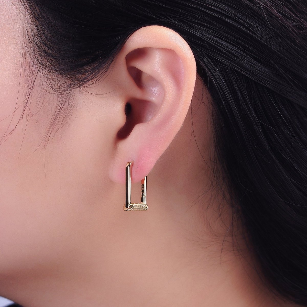 14K Gold Filled Micro Paved CZ Curved Tube Rectangular U-Shaped Oblong Hoop Earrings | AE589