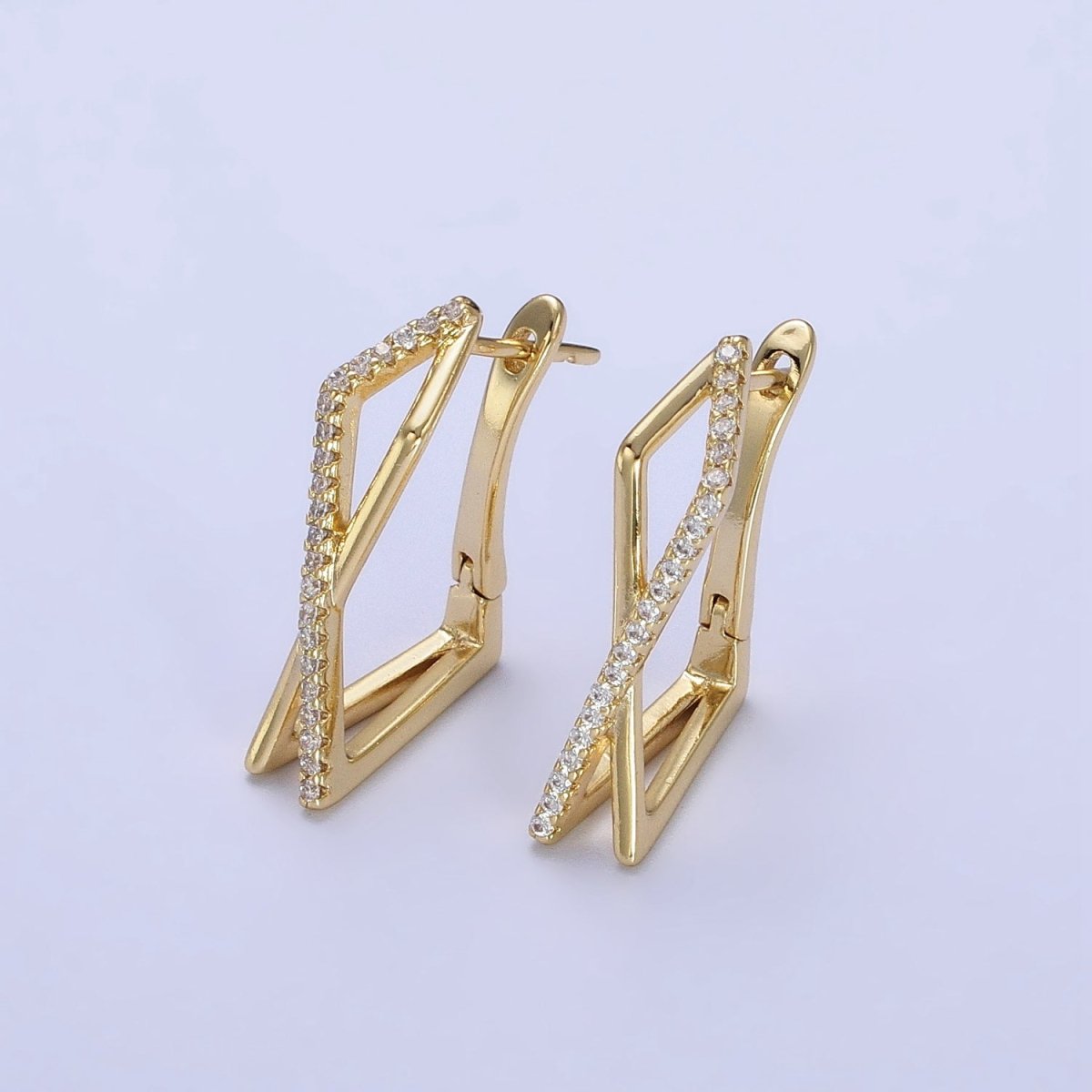 14K Gold Filled Micro Paved CZ Double Rectangular Geometric Hinge Hoop | AB238