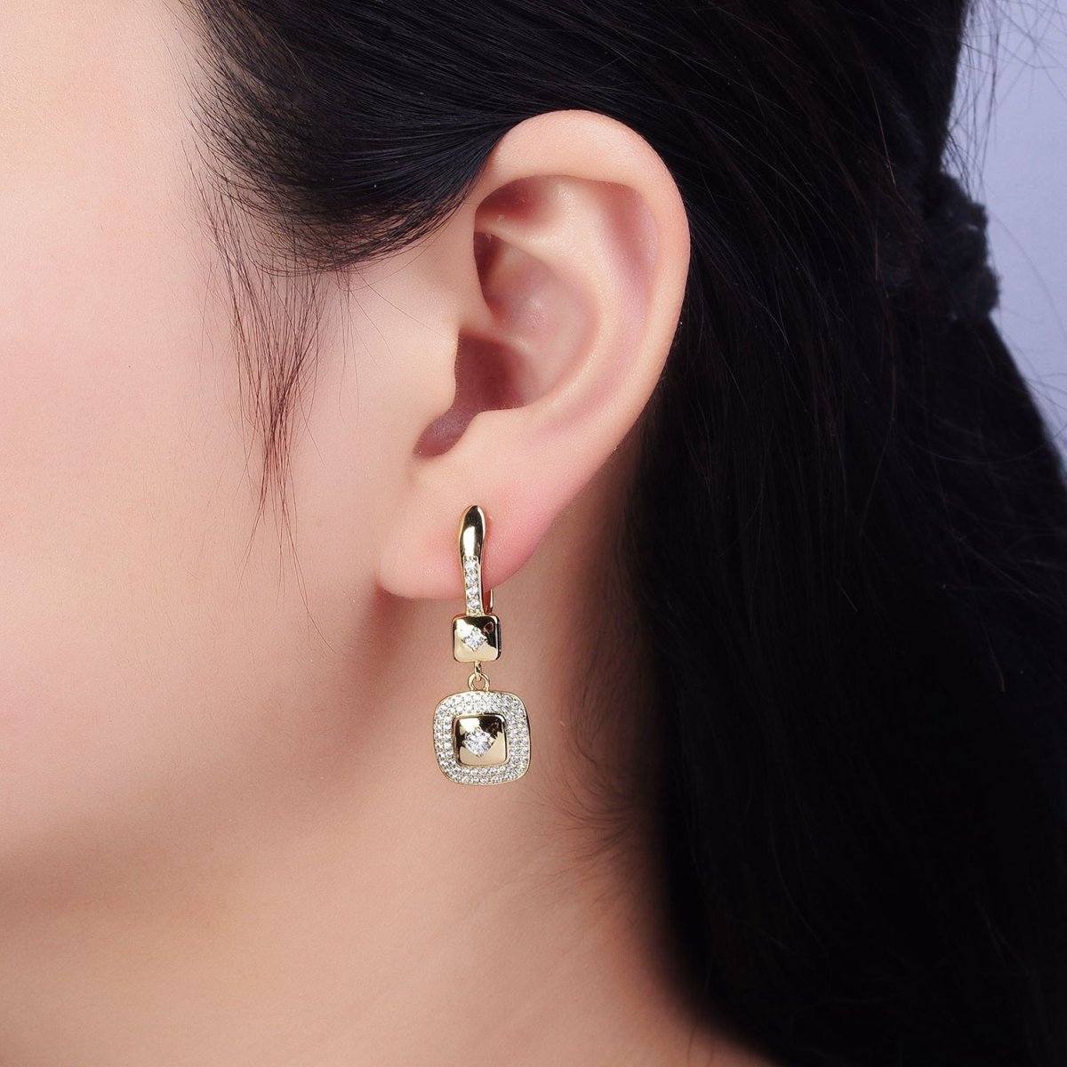 14K Gold Filled Micro Paved CZ Double Square Drop English Lock Earrings | AD1528