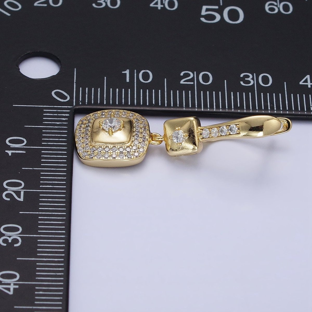 14K Gold Filled Micro Paved CZ Double Square Drop English Lock Earrings | AD1528