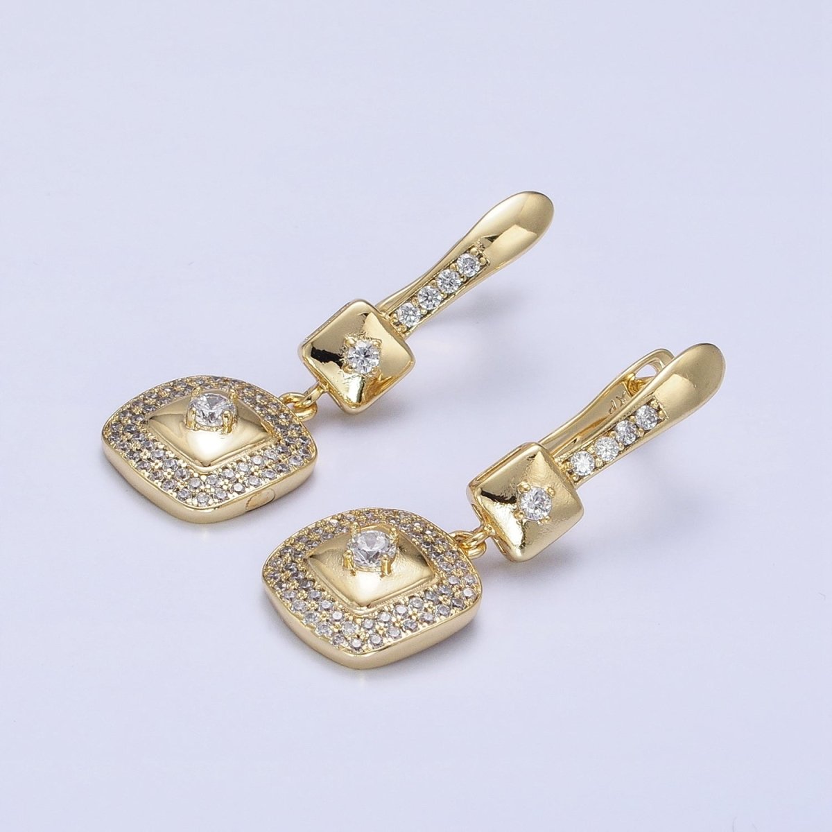 14K Gold Filled Micro Paved CZ Double Square Drop English Lock Earrings | AD1528
