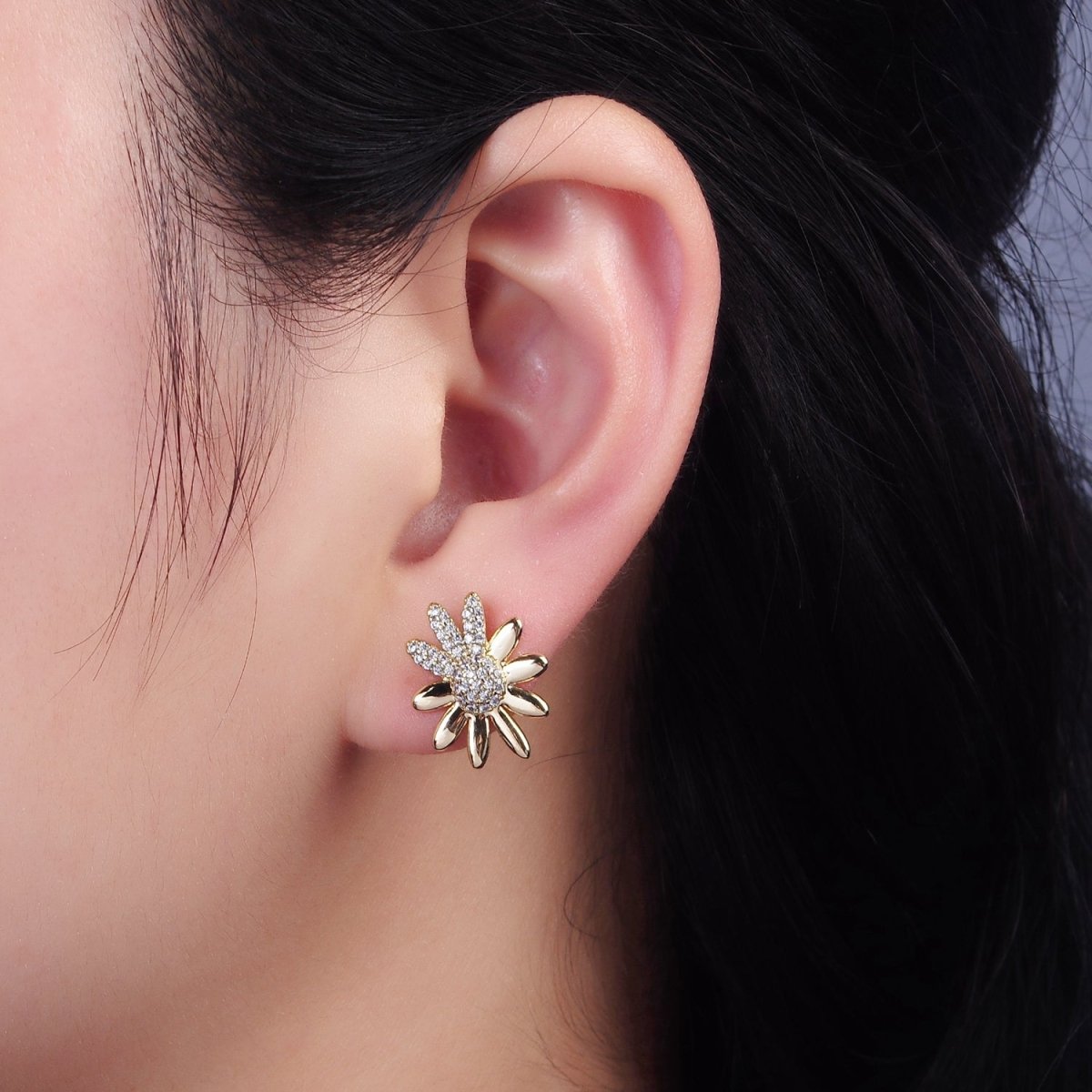 14K Gold Filled Micro Paved CZ Flower Petal Stud Earrings | AB1126