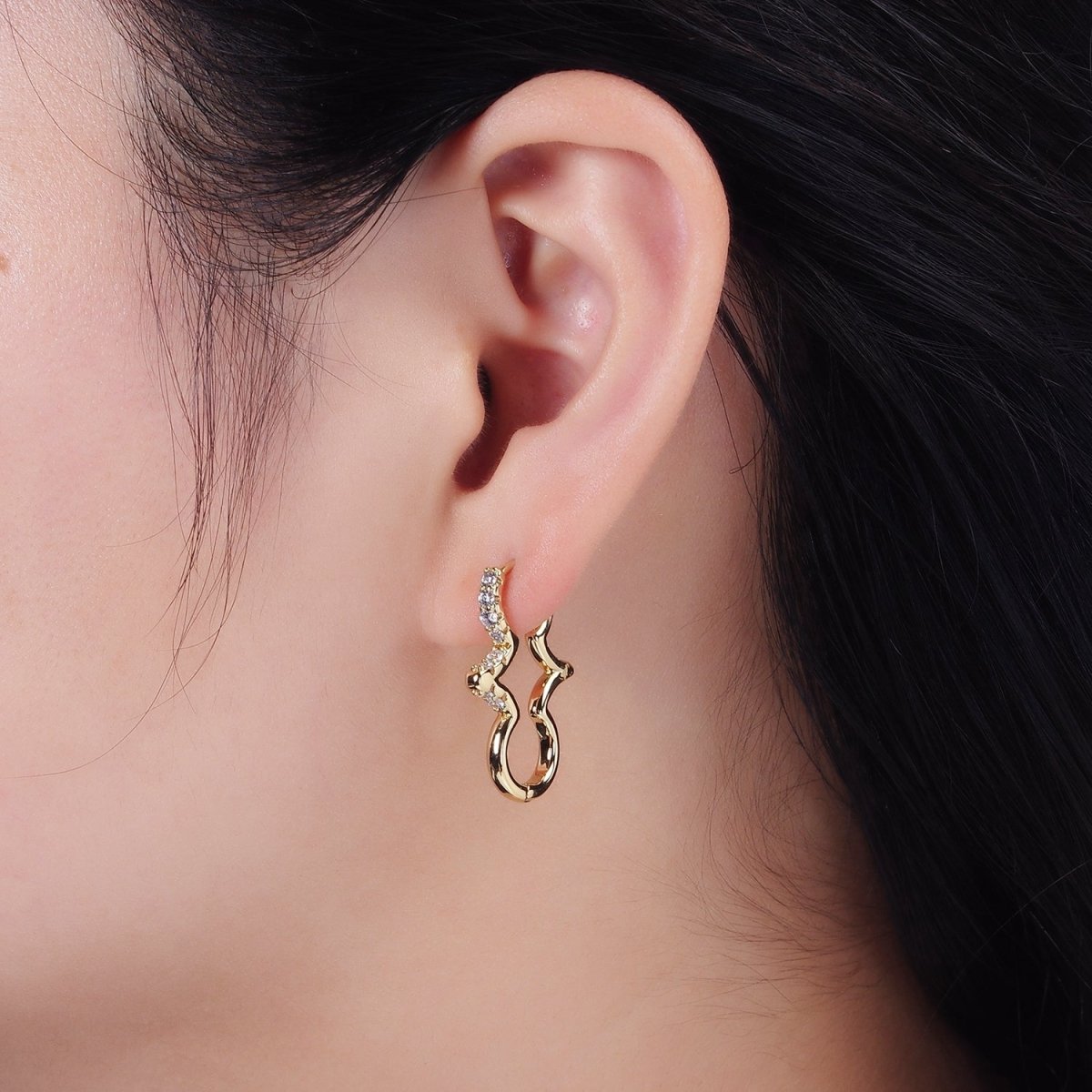 14K Gold Filled Micro Paved CZ Geometric Edged Drop Huggie Earrings | AE930
