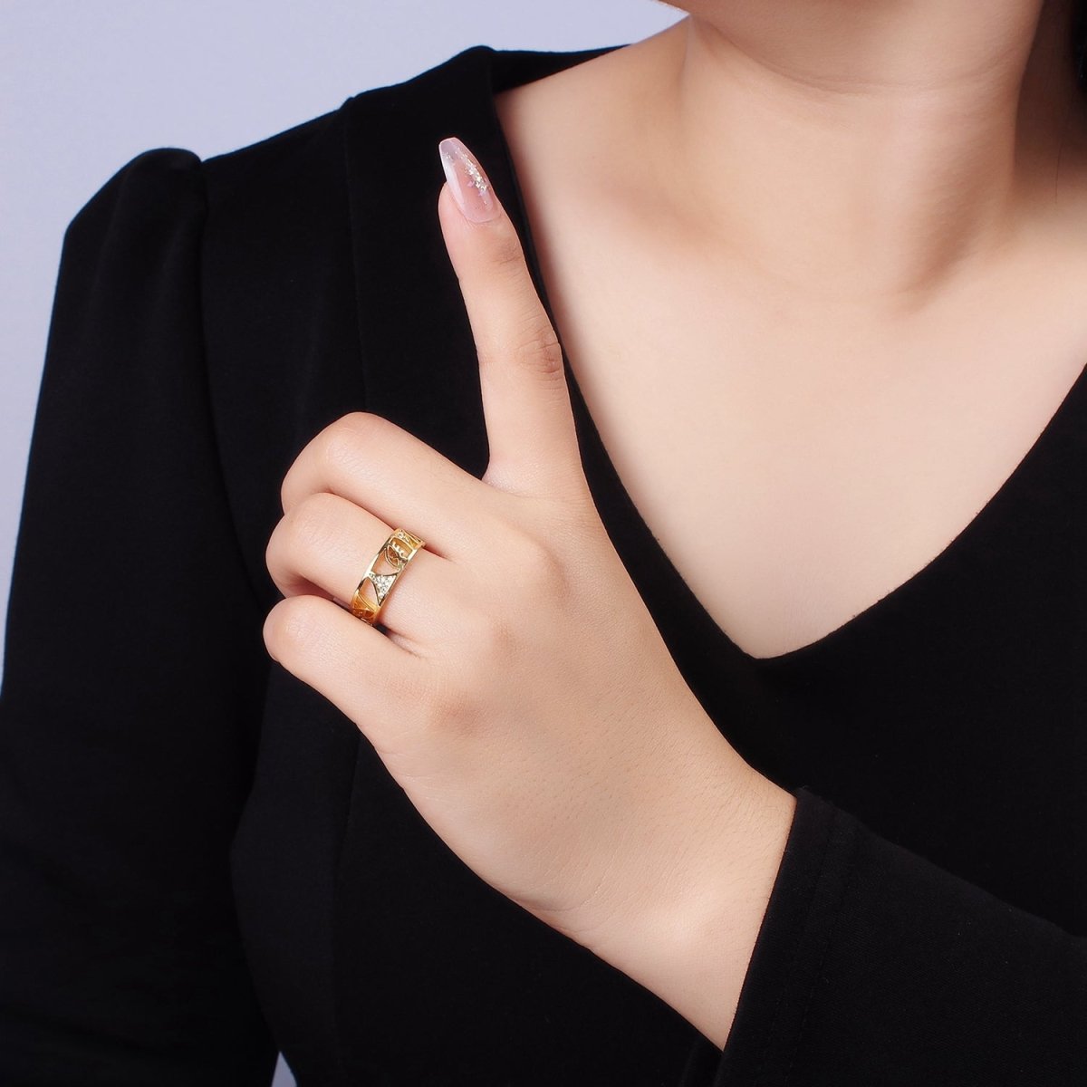 14K Gold Filled Micro Paved CZ Geometric Filigree Evil Eye Ring | O1351