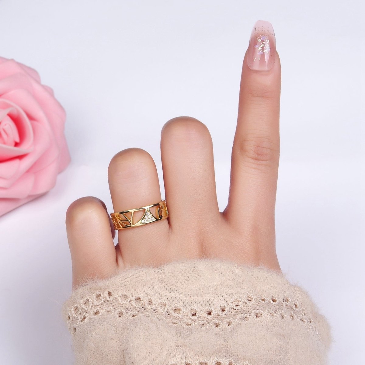 14K Gold Filled Micro Paved CZ Geometric Filigree Evil Eye Ring | O1351