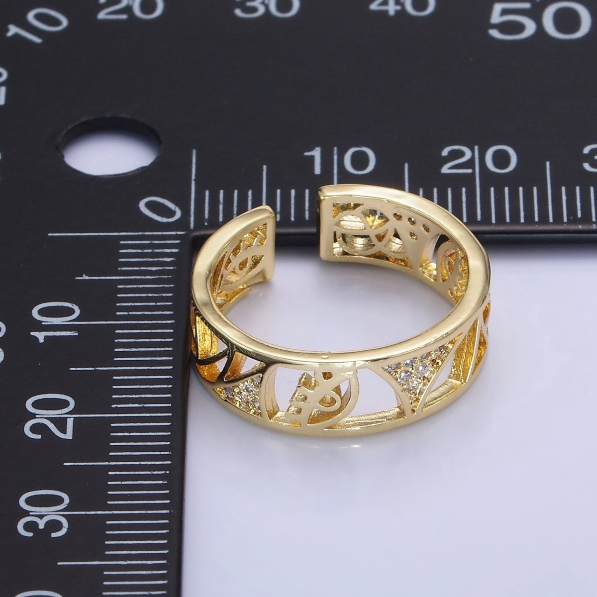 14K Gold Filled Micro Paved CZ Geometric Filigree Evil Eye Ring | O1351
