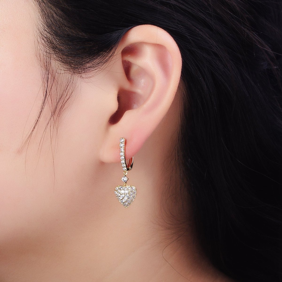 14K Gold Filled Micro Paved CZ Heart Drop English Lock Earrings | AD1440