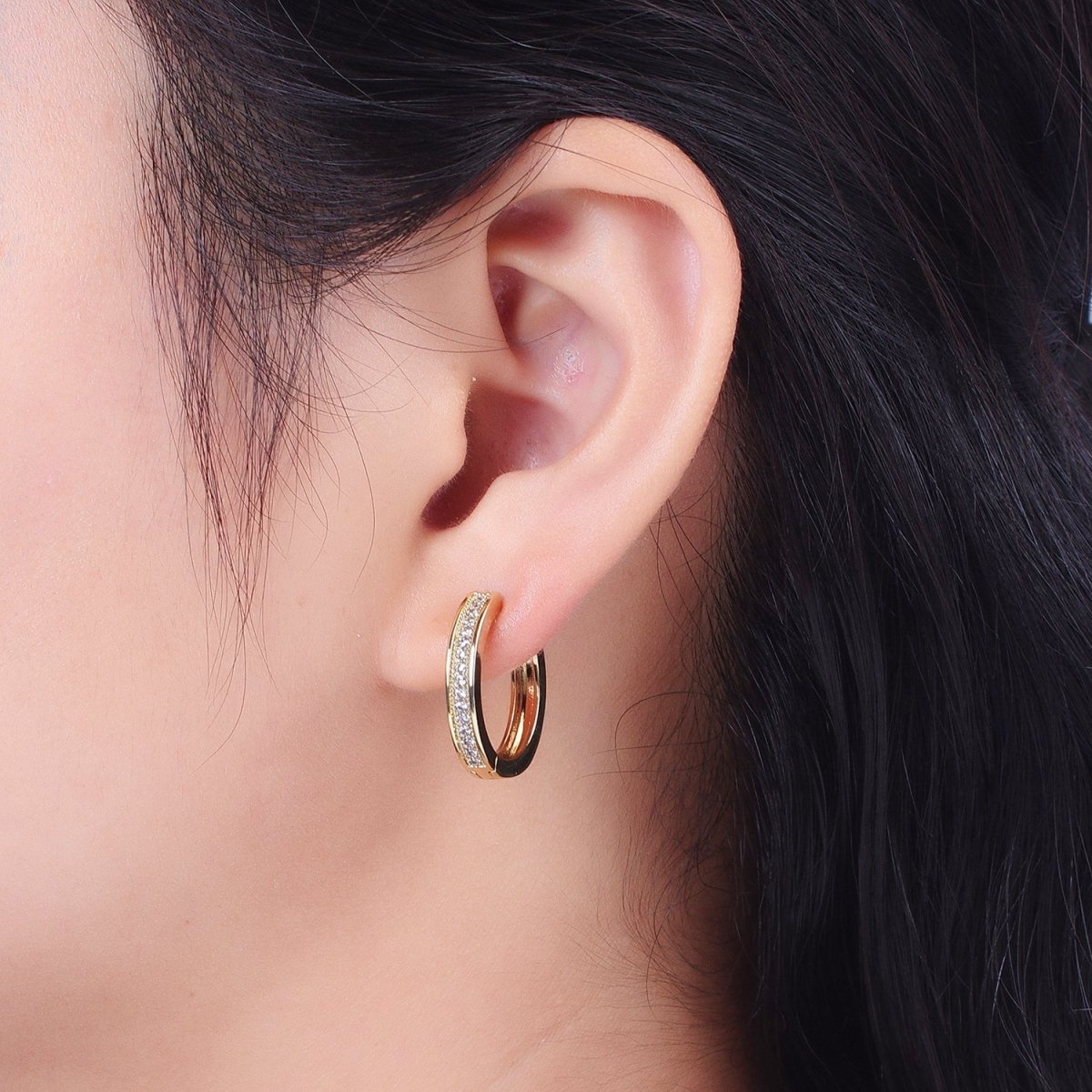 14K Gold Filled Micro Paved CZ Lined 20mm Huggie Hoop Earrings | V-027