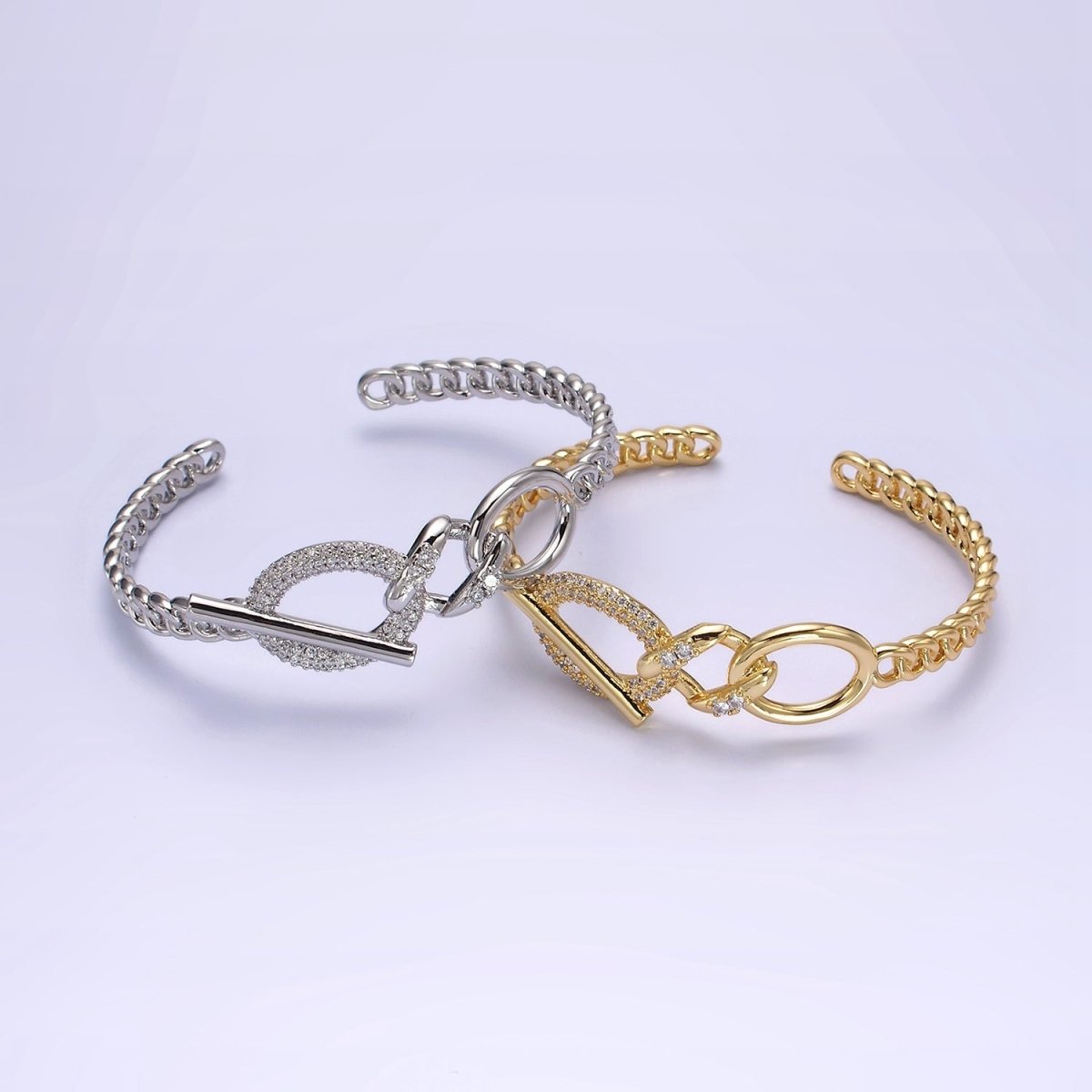 14K Gold Filled Micro Paved CZ Oval Bar Curb Cuff Bangle Bracelet in Gold & Silver | WA-1972 WA-1973 Clearance Pricing