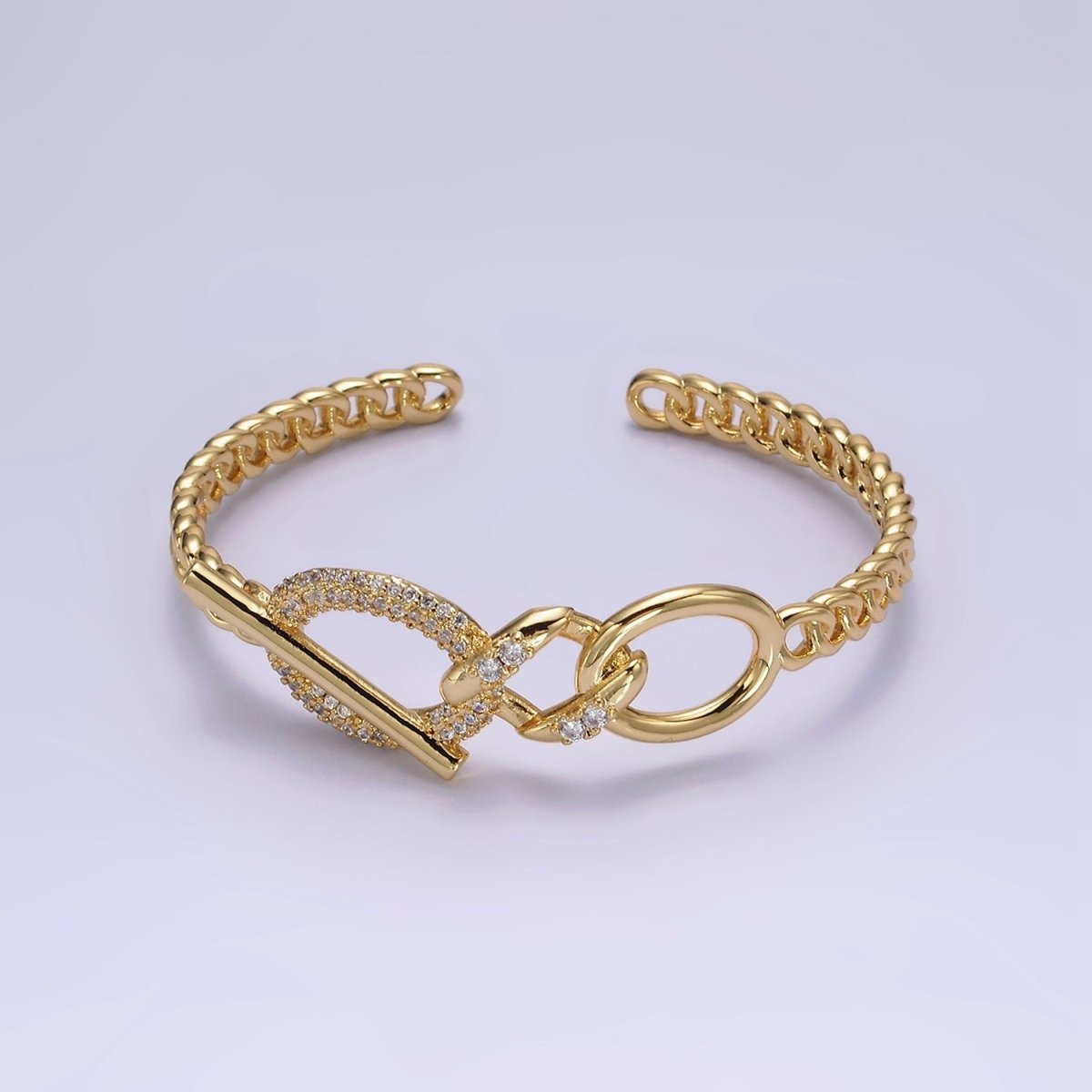 14K Gold Filled Micro Paved CZ Oval Bar Curb Cuff Bangle Bracelet in Gold & Silver | WA-1972 WA-1973 Clearance Pricing