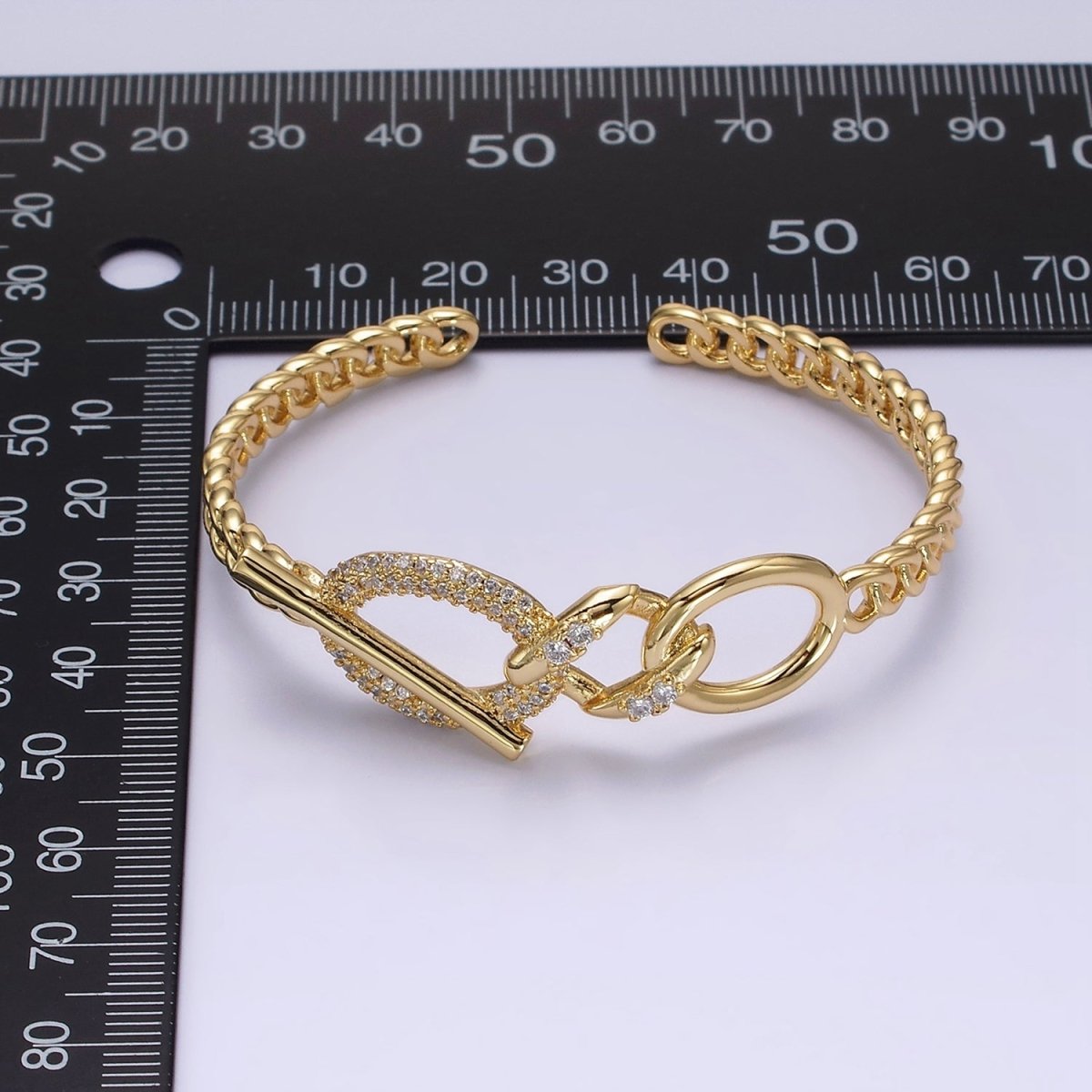 14K Gold Filled Micro Paved CZ Oval Bar Curb Cuff Bangle Bracelet in Gold & Silver | WA-1972 WA-1973 Clearance Pricing