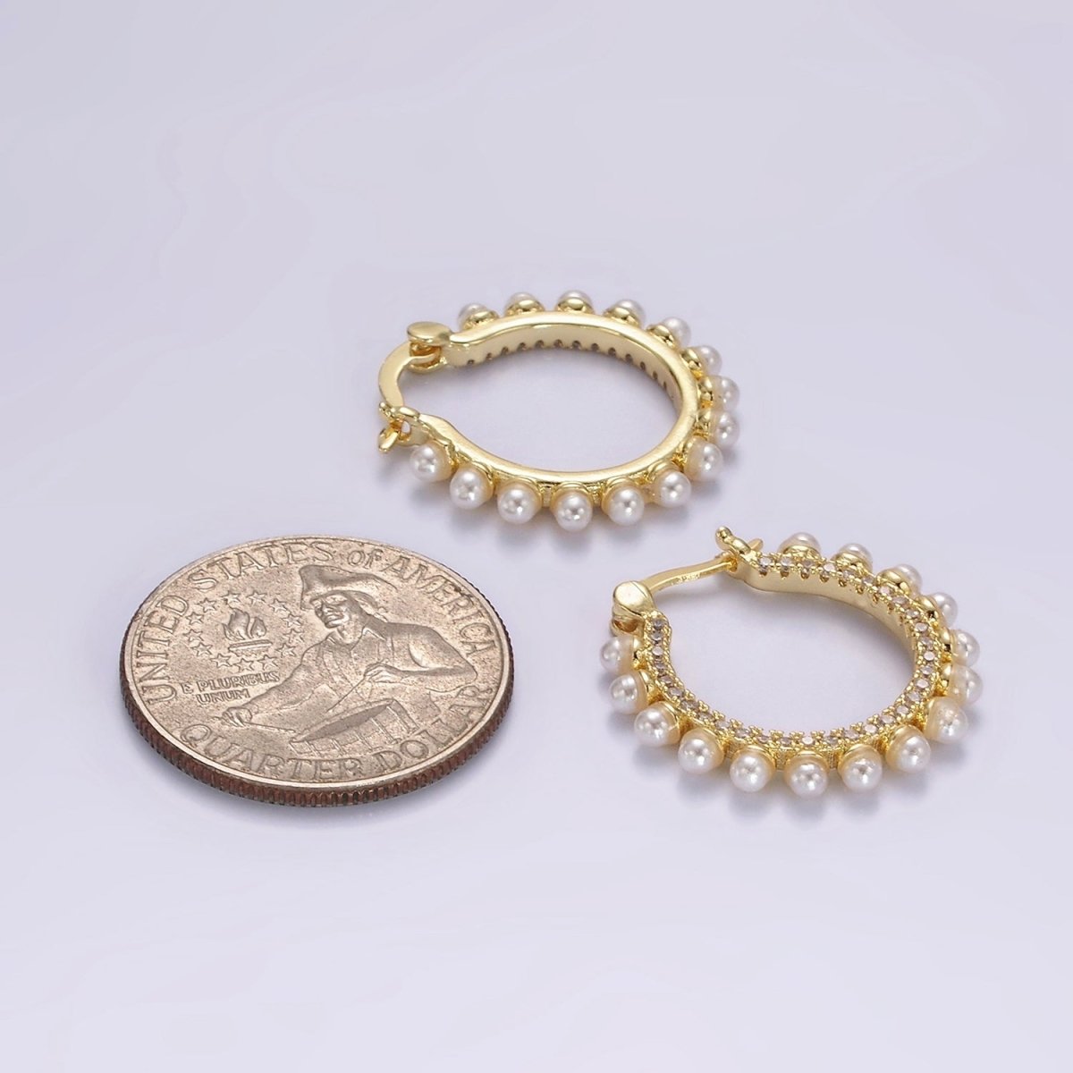 14K Gold Filled Micro Paved CZ Pearl Dotted Latch Hoop Earrings in Gold & Silver | AE993 AE994