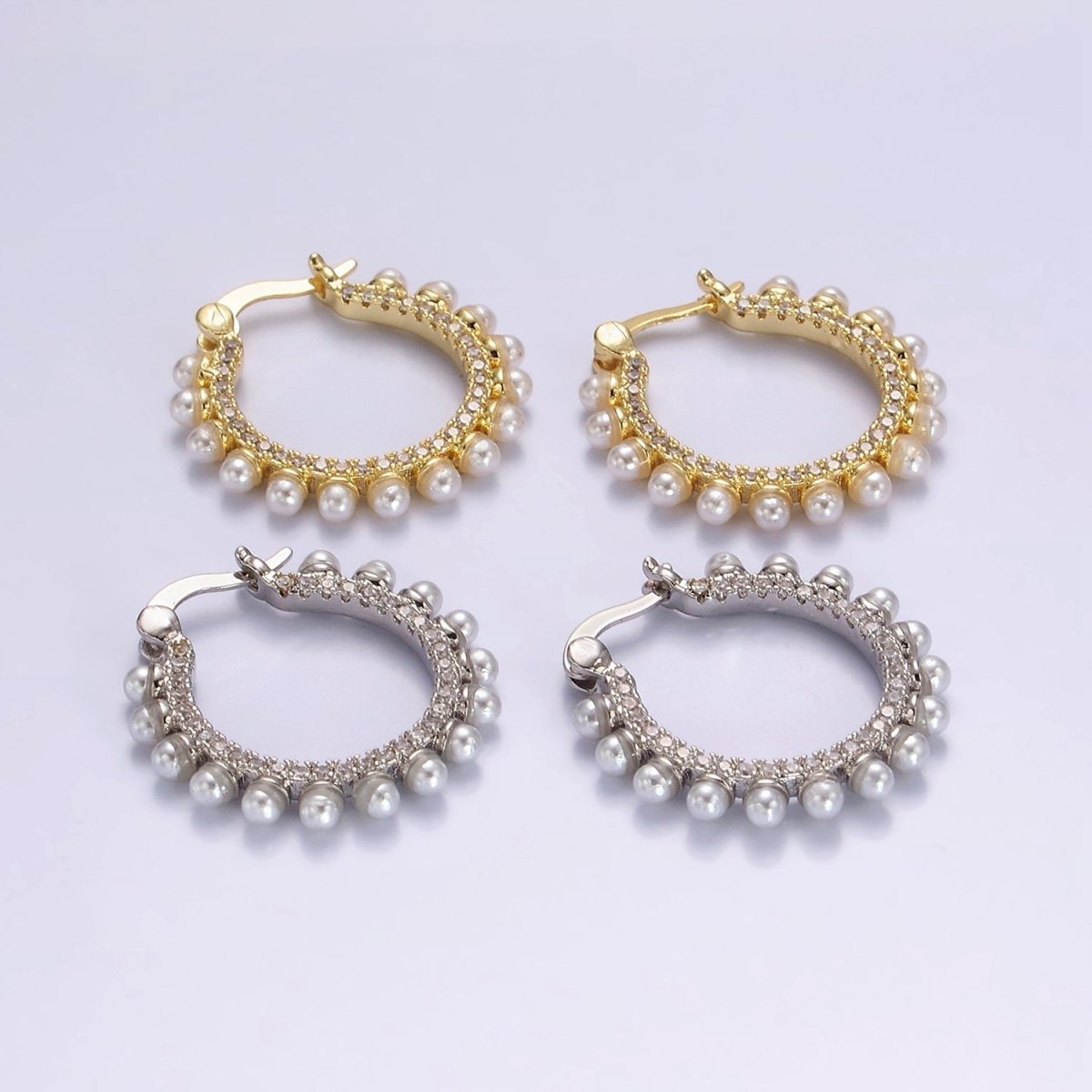 14K Gold Filled Micro Paved CZ Pearl Dotted Latch Hoop Earrings in Gold & Silver | AE993 AE994