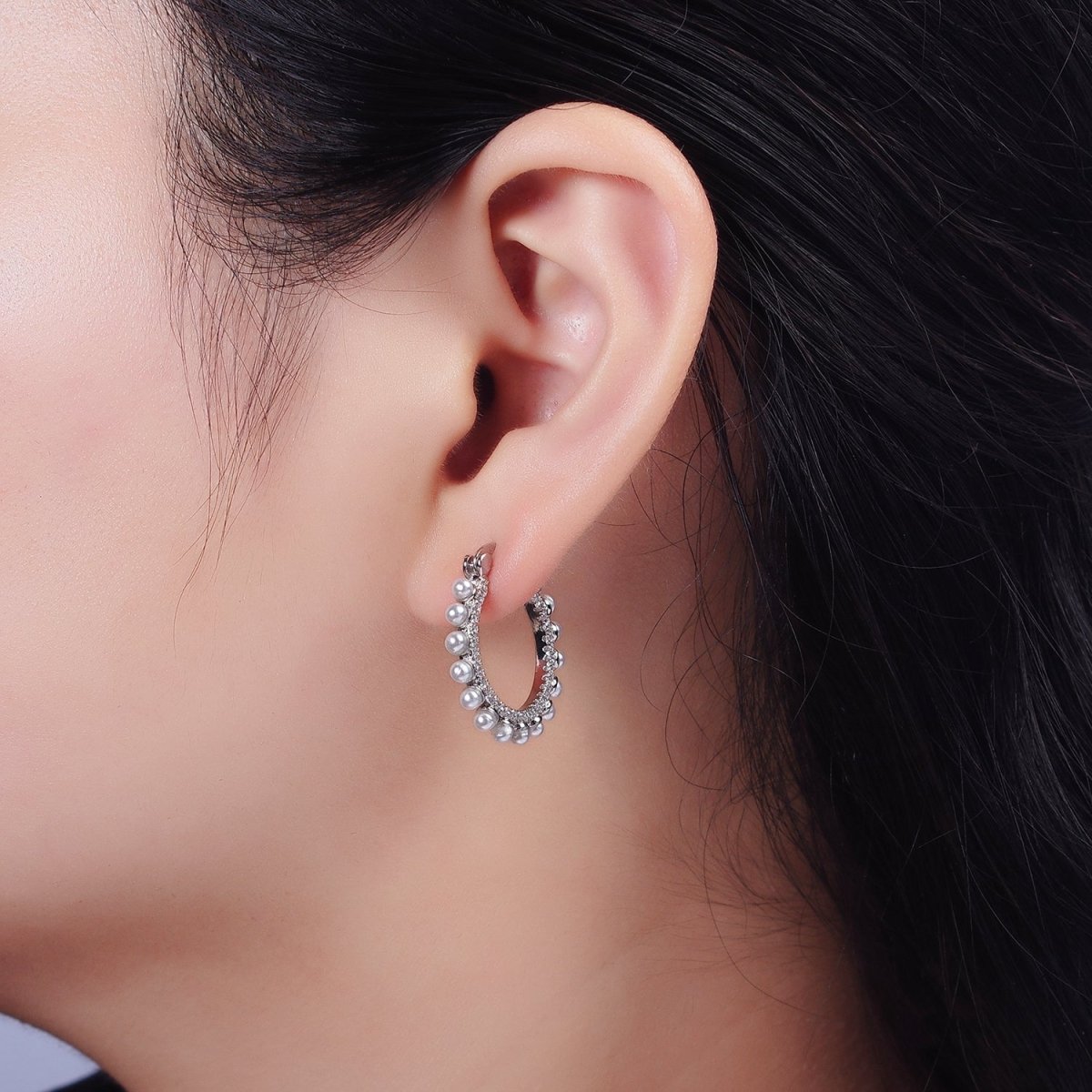 14K Gold Filled Micro Paved CZ Pearl Dotted Latch Hoop Earrings in Gold & Silver | AE993 AE994