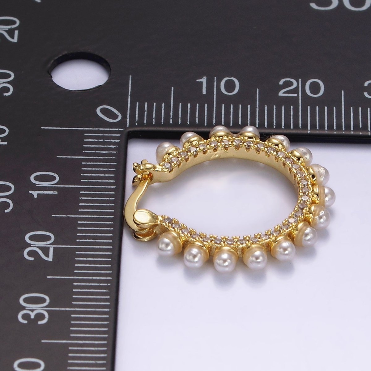 14K Gold Filled Micro Paved CZ Pearl Dotted Latch Hoop Earrings in Gold & Silver | AE993 AE994