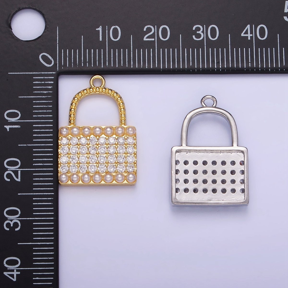 14K Gold Filled Micro Paved CZ Pearl Lined Padlock Charm in Gold & Silver | AG691