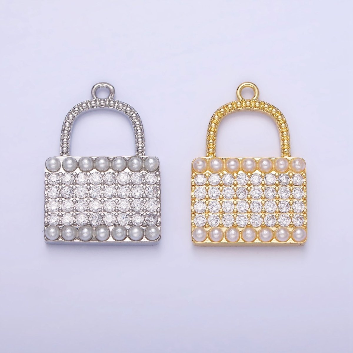 14K Gold Filled Micro Paved CZ Pearl Lined Padlock Charm in Gold & Silver | AG691