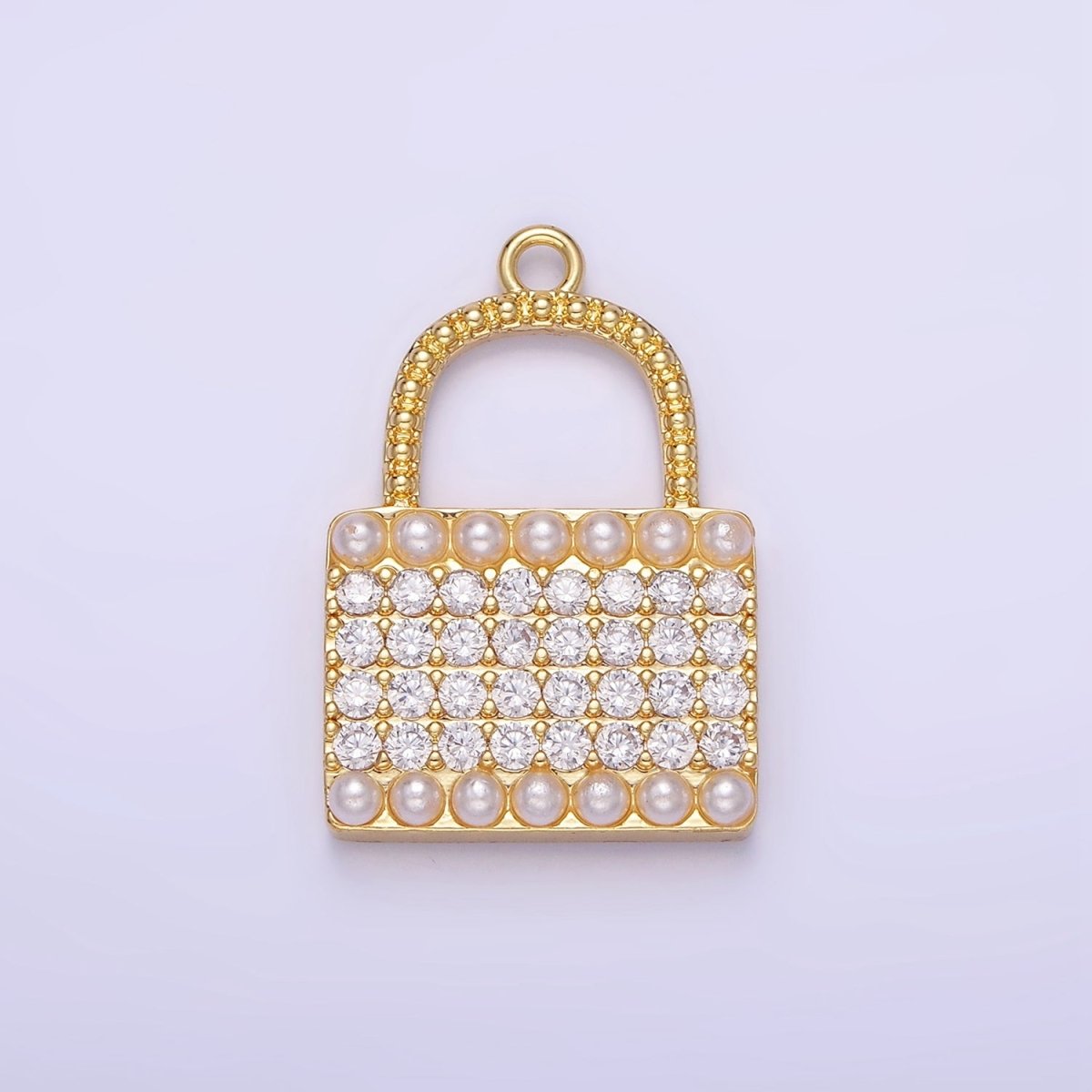 14K Gold Filled Micro Paved CZ Pearl Lined Padlock Charm in Gold & Silver | AG691