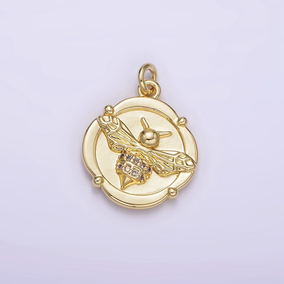 14K Gold Filled Micro Paved CZ Queen Bee Round Square Charm | AG307