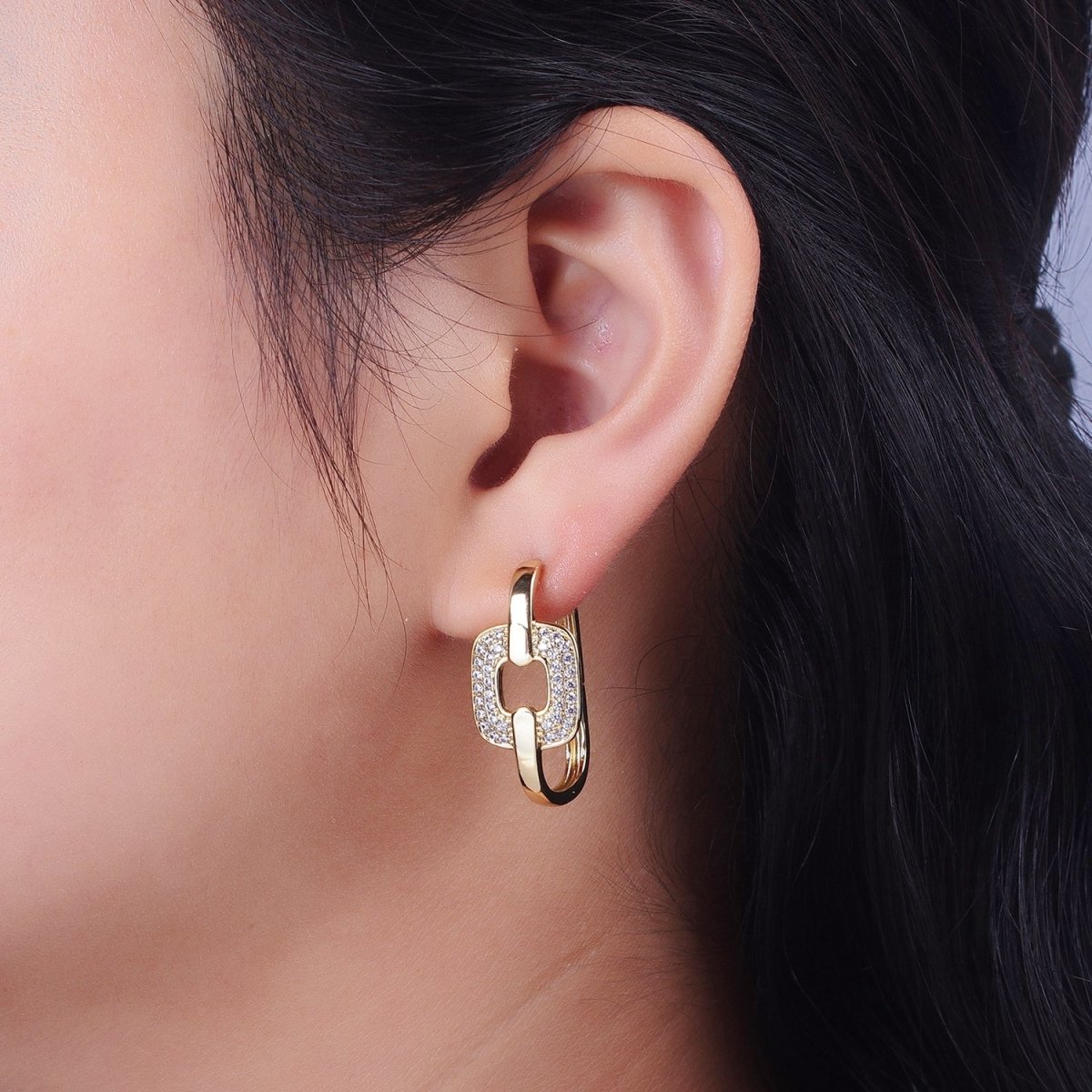 14K Gold Filled Micro Paved CZ Rectangular Connecting Oblong Huggie Earrings | V-030