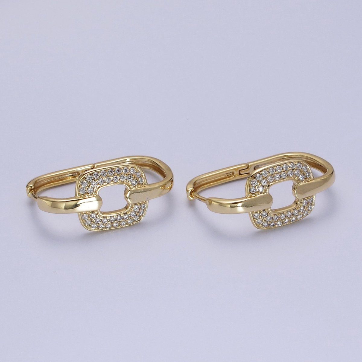 14K Gold Filled Micro Paved CZ Rectangular Connecting Oblong Huggie Earrings | V-030