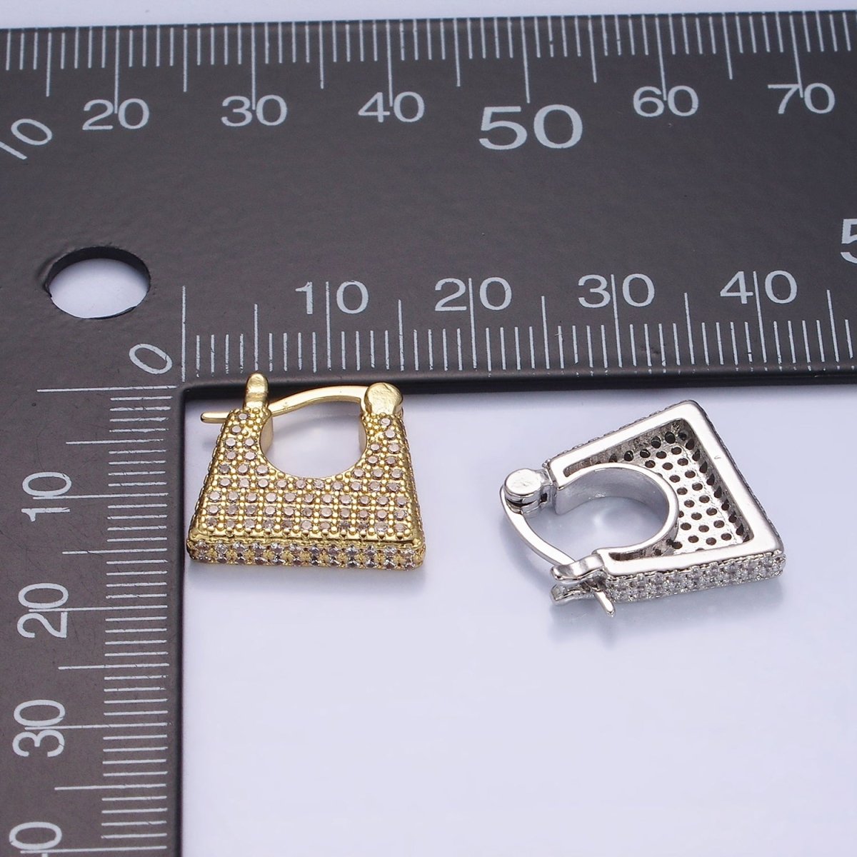 14K Gold Filled Micro Paved CZ Rectangular Latch Hoop Earrings in Gold & Silver | AB1140 AB1141