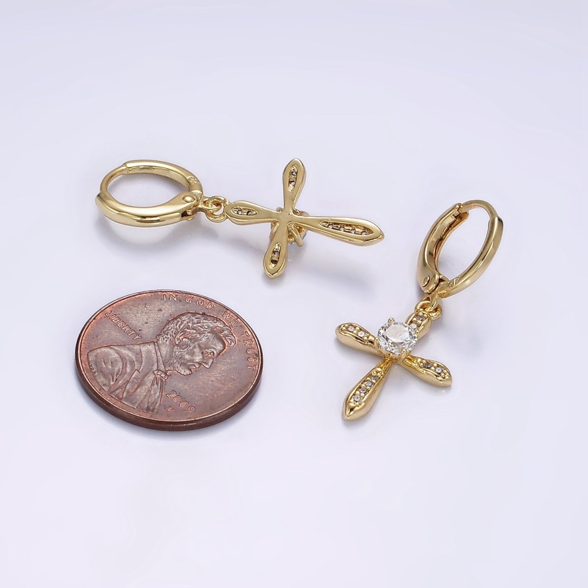 14K Gold Filled Micro Paved CZ Religious Cross Drop Huggie Earrings | AE935