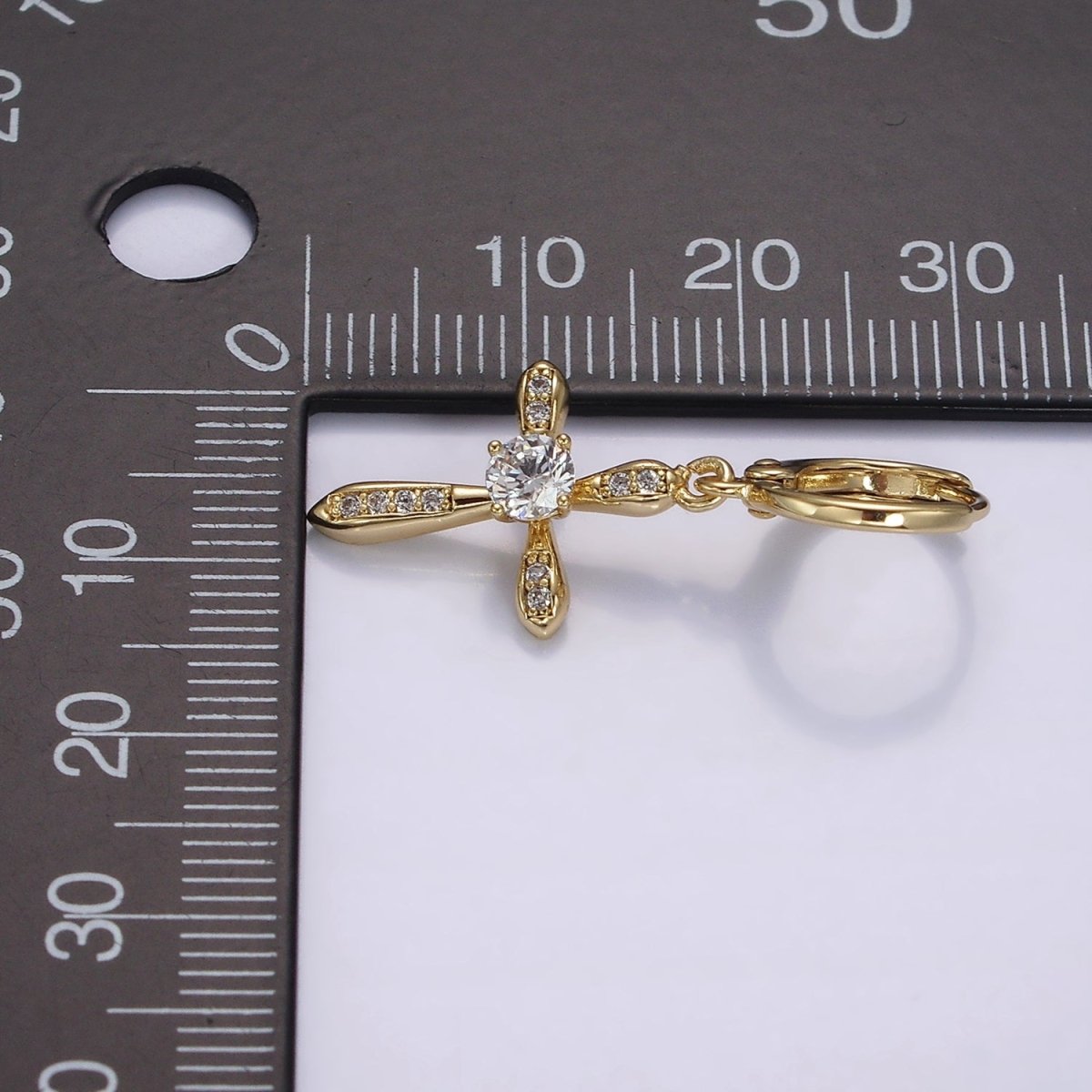 14K Gold Filled Micro Paved CZ Religious Cross Drop Huggie Earrings | AE935