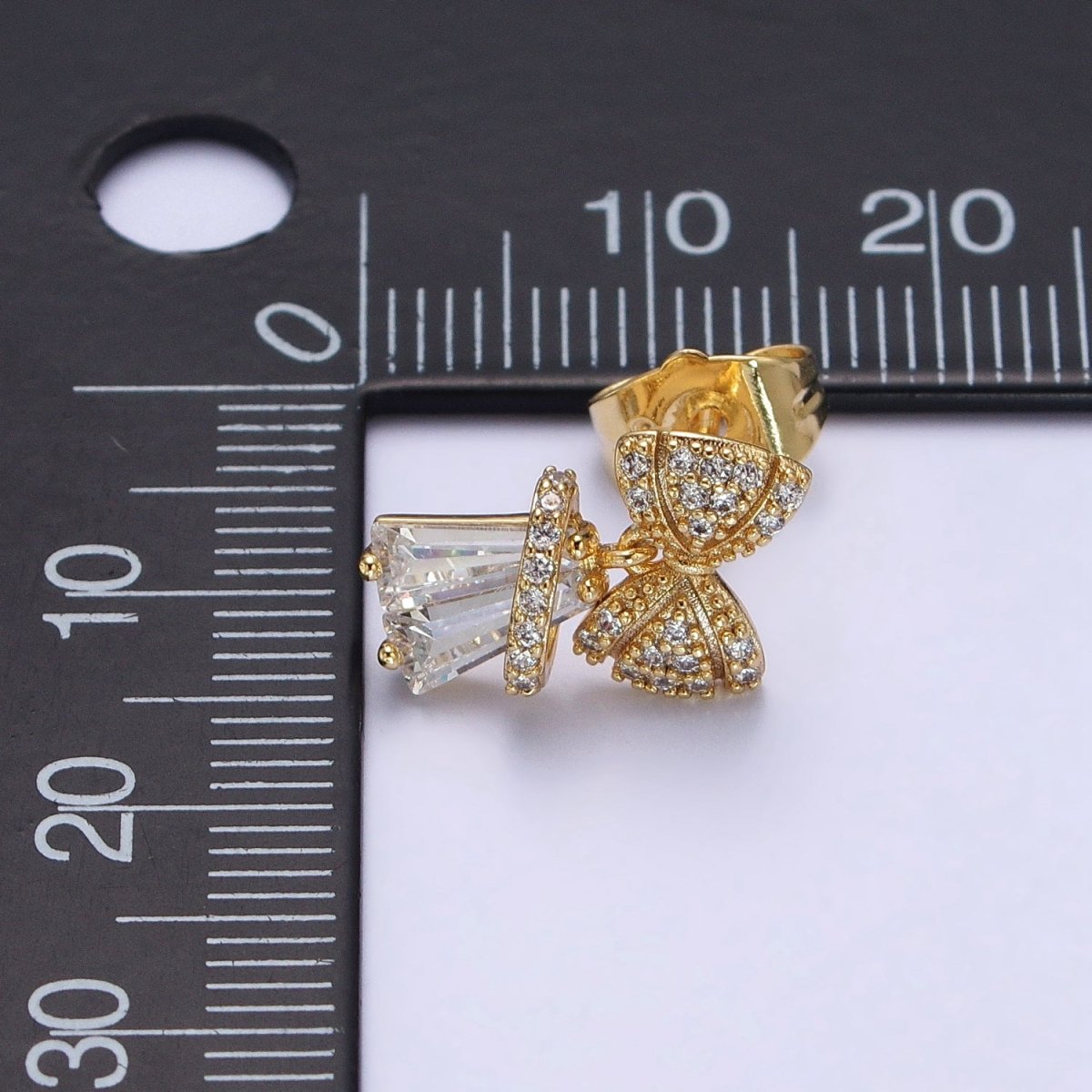 14K Gold Filled Micro Paved CZ Ribbon Bow Clear Baguette Dangle Stud Earrings | AB162