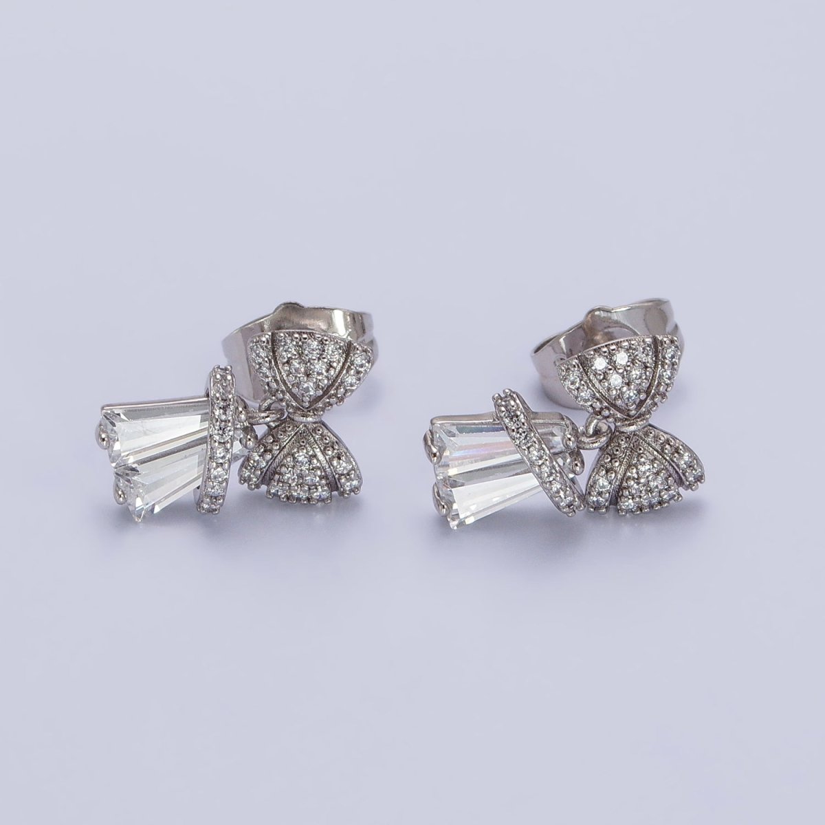 14K Gold Filled Micro Paved CZ Ribbon Bow Clear Baguette Dangle Stud Earrings | AB162
